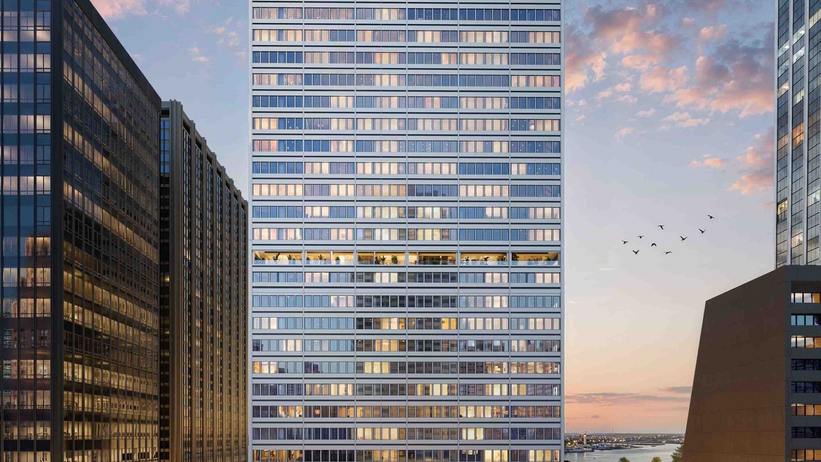Rendering of a glass and metal tower at dusk between darker office buildings, with lit windows and a glimpse of the harbor