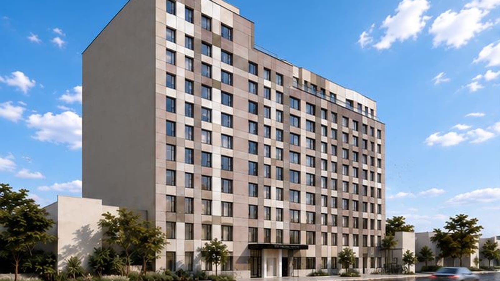 Rendering of an eleven-story apartment building with a grey and white panelled front, seen from across the street under a blue sky