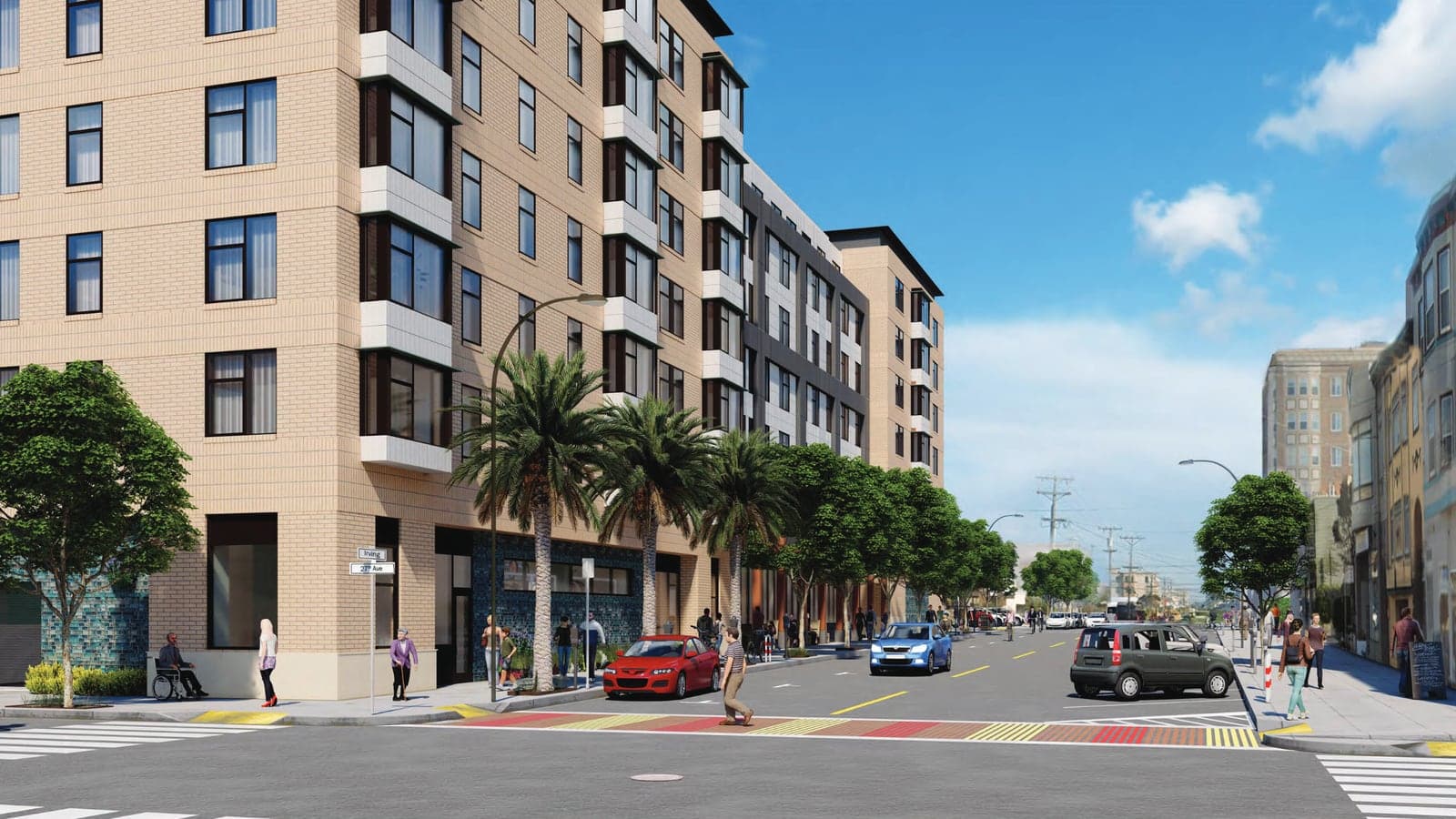 Rendering of a seven-story apartment building in tan brick with white bay windows on a corner, with palm trees and street trees along the sidewalk, cars and a painted crosswalk in the foreground