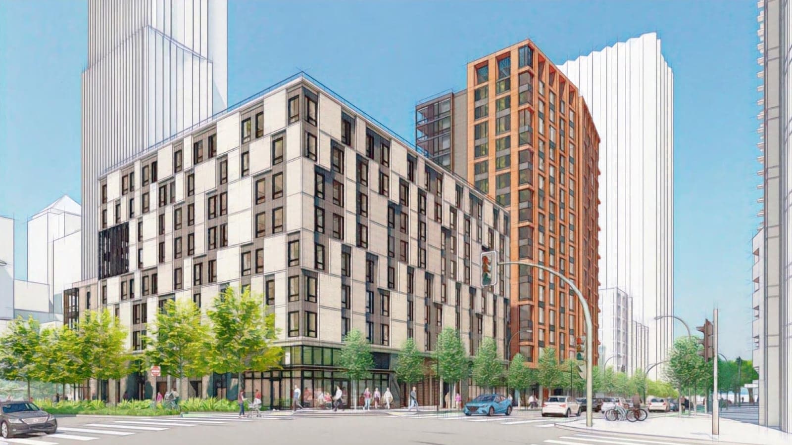 Rendering of a nine-story apartment building in cream and dark gray panels on a street corner, with a glass-walled ground floor, street trees and people on the sidewalk, and an orange tower beside it