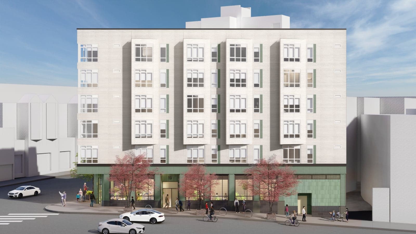 Rendering of a six-story apartment building with white siding, four columns of bay windows and a green-tiled street level, with red-leafed street trees, pedestrians and cyclists in front