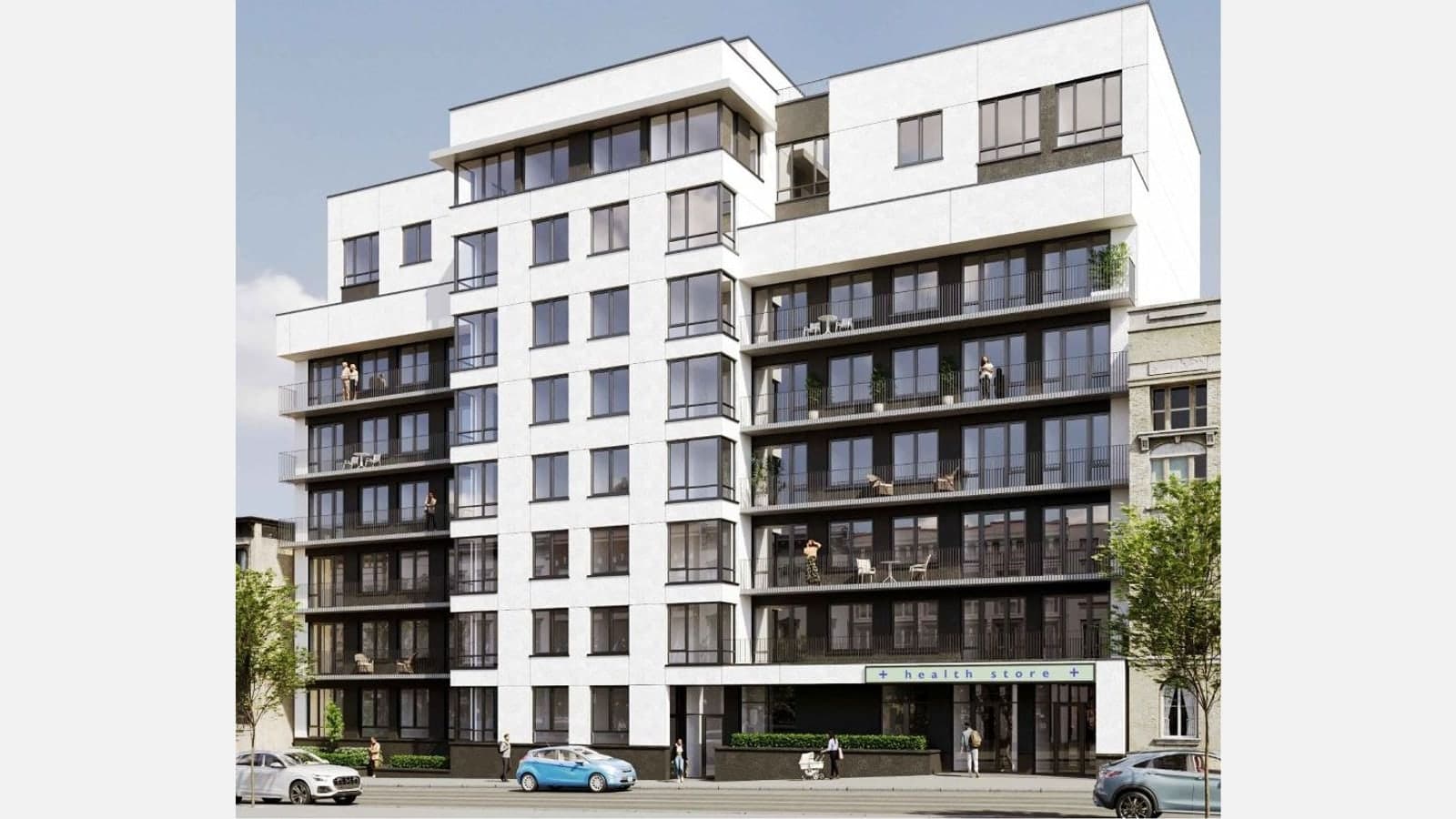 Rendering of an eight-story white building with large dark-framed windows, two recessed sides with dark panels and balconies, stepped-back upper floors, a ground-floor storefront with a health store sign, planters, people on the sidewalk and parked cars on the street