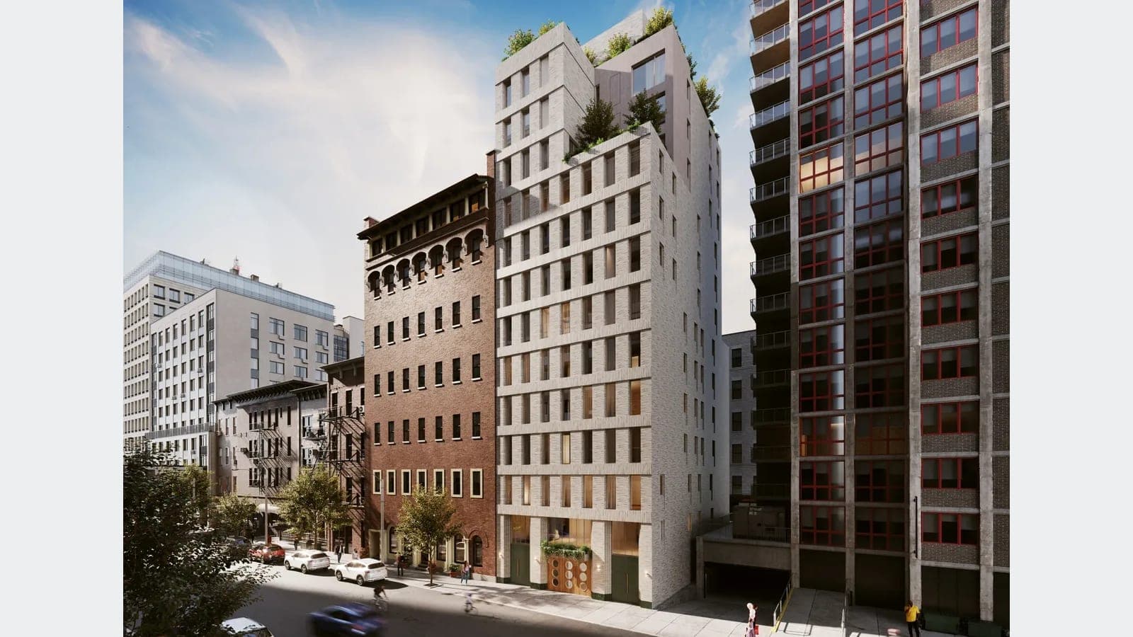 Rendering of a slim 13-story apartment building of pale grey brick with tall narrow windows in a grid, small trees on its stepped roof terraces and wooden entry doors with round windows under a planter, standing between a six-story red brick building with arched top-floor windows on the left and a taller dark brick tower with red window frames on the right, with parked cars and a passing cyclist on the street; plain light grey bands fill both sides of the frame