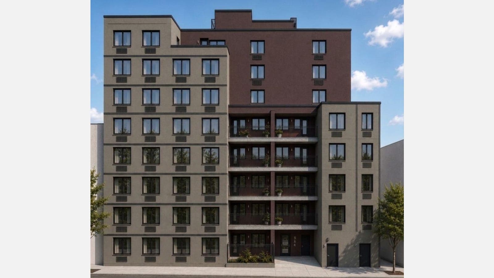 Rendering of the street front of a nine-story apartment building: two side wings in grey-brown stucco with rows of paired windows and wall vents below them, a taller dark red-brown center with stacked balconies holding potted plants, the number 354 beside a glass entrance door at street level, two plain doors at the right, a small planted bed behind a railing, young trees at each edge and a blue sky with clouds