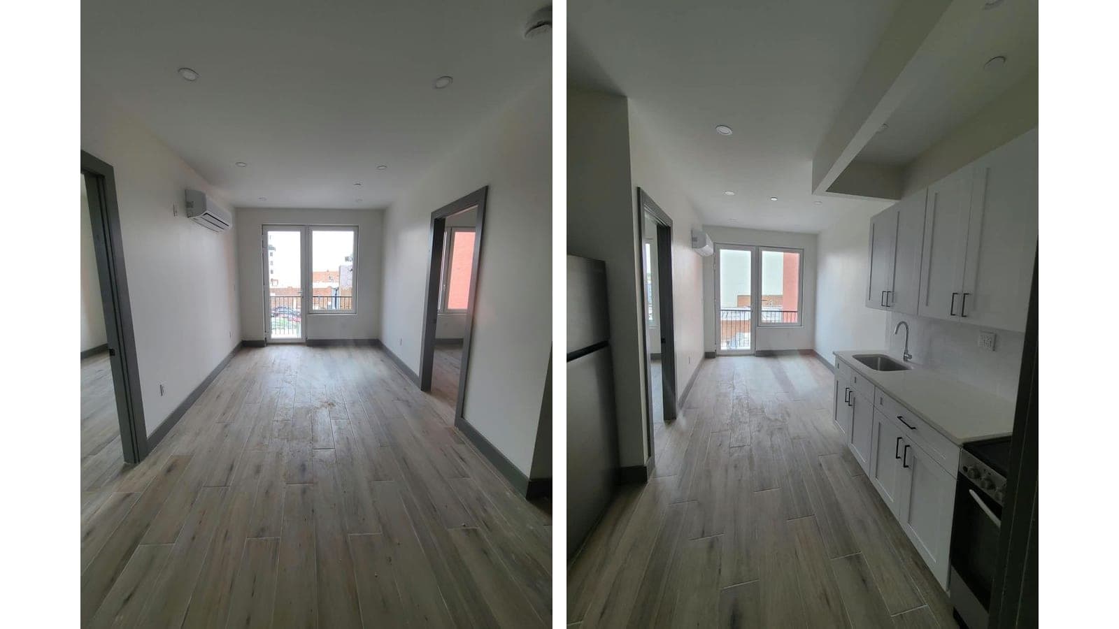 Two photographs side by side: at left an empty living room with wood-look plank tile floors, recessed ceiling lights, a white wall air-conditioning unit, grey door frames on open doorways at both sides and a glass door with a black railing leading to a balcony at the far end; at right a narrow kitchen and living space with white shaker cabinets, a white countertop with a sink, a stainless range with a black top at the lower right, a stainless refrigerator at the left and a glass balcony door at the far end