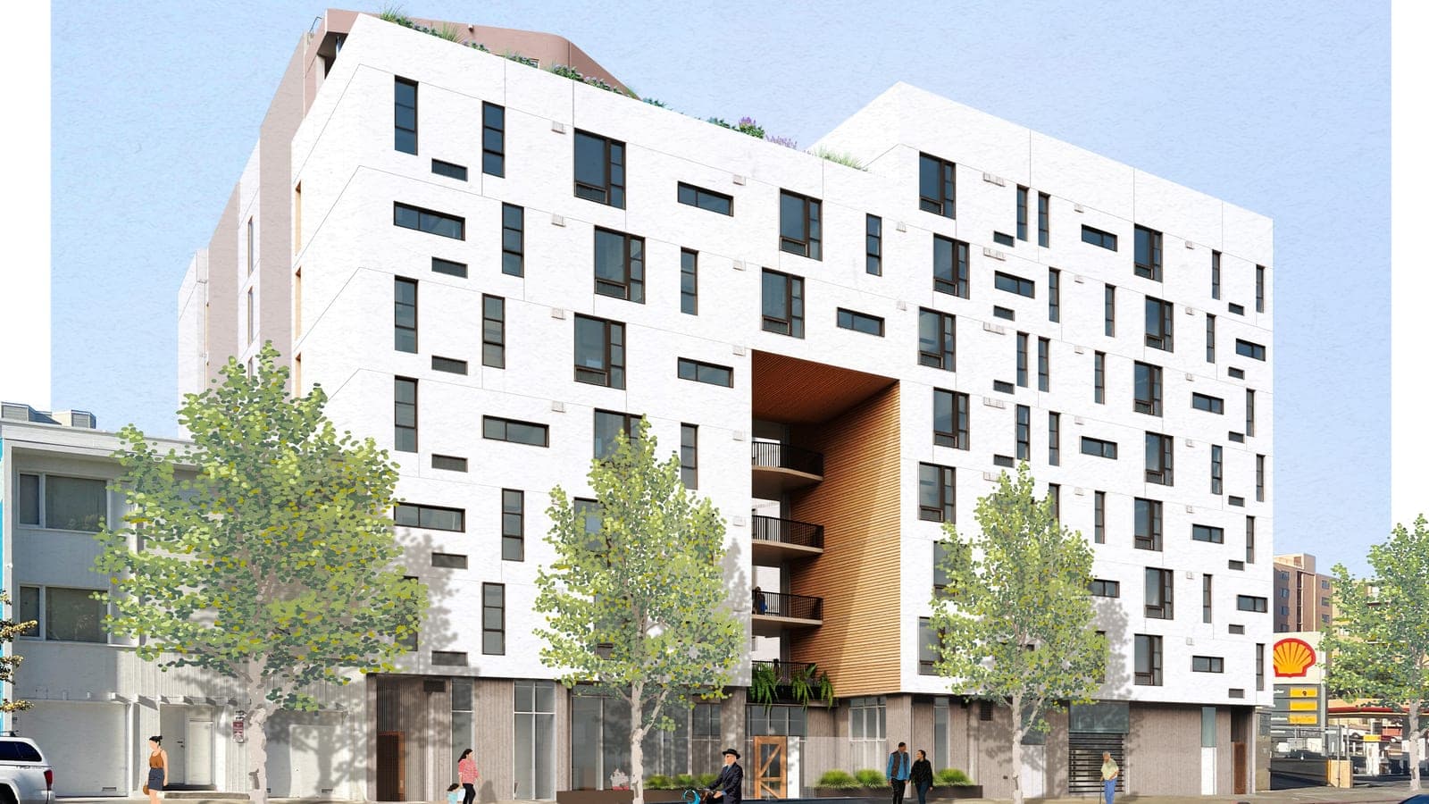 Rendering of an eight-story white apartment building with scattered dark windows and a wood-lined, four-story opening above the entrance, seen from across Turk Street with street trees, pedestrians and a cyclist
