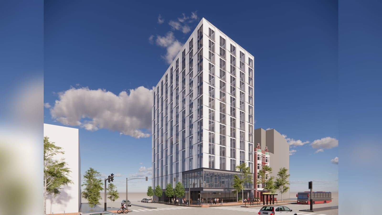 Rendering of a white apartment tower of about fifteen stories with a glass-walled base at a street corner, next to a narrow red-brick building, with street trees, a bus shelter and a red bus