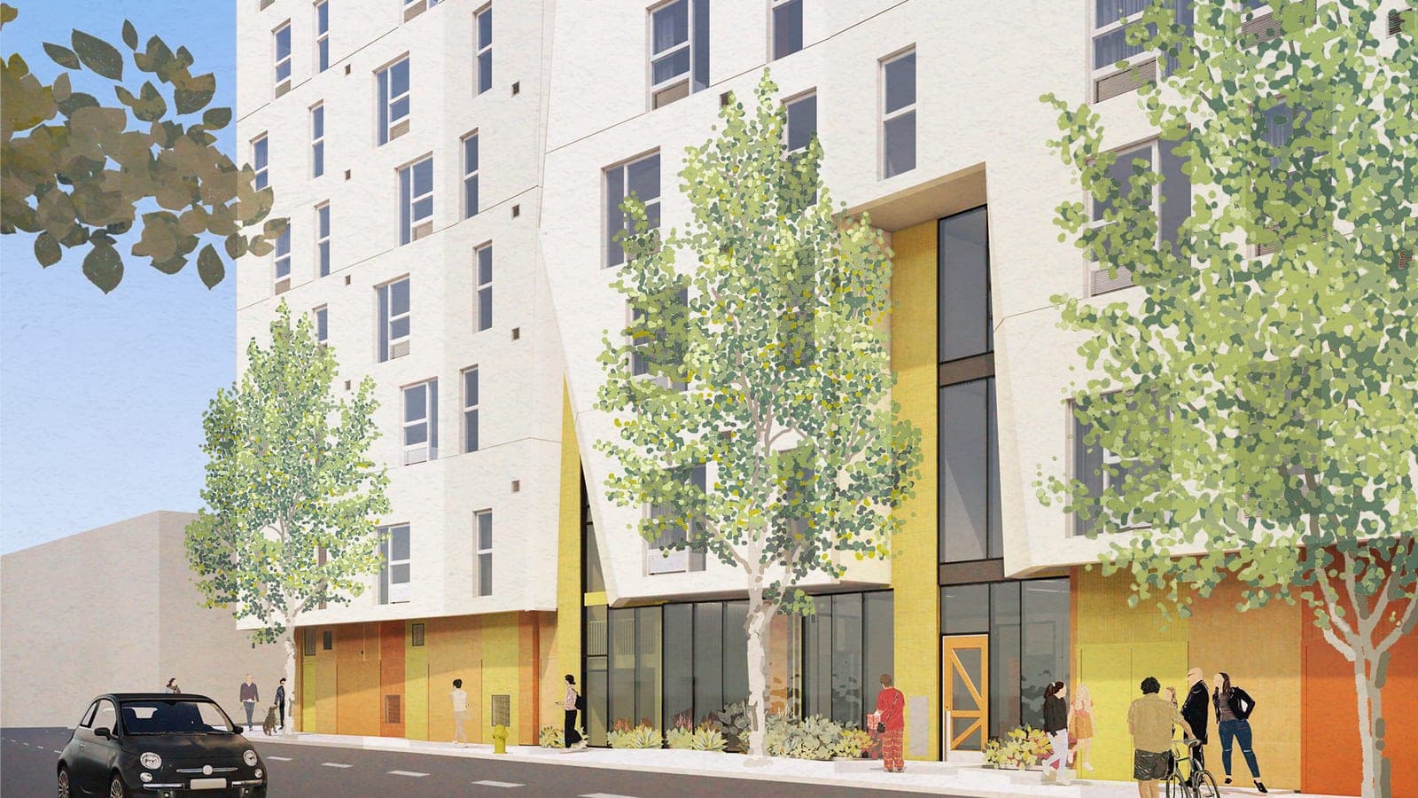 Rendering of the lower floors of a white apartment building with angled facade panels above a street level of yellow and orange tile, with street trees, pedestrians, a cyclist and a parked car on the street