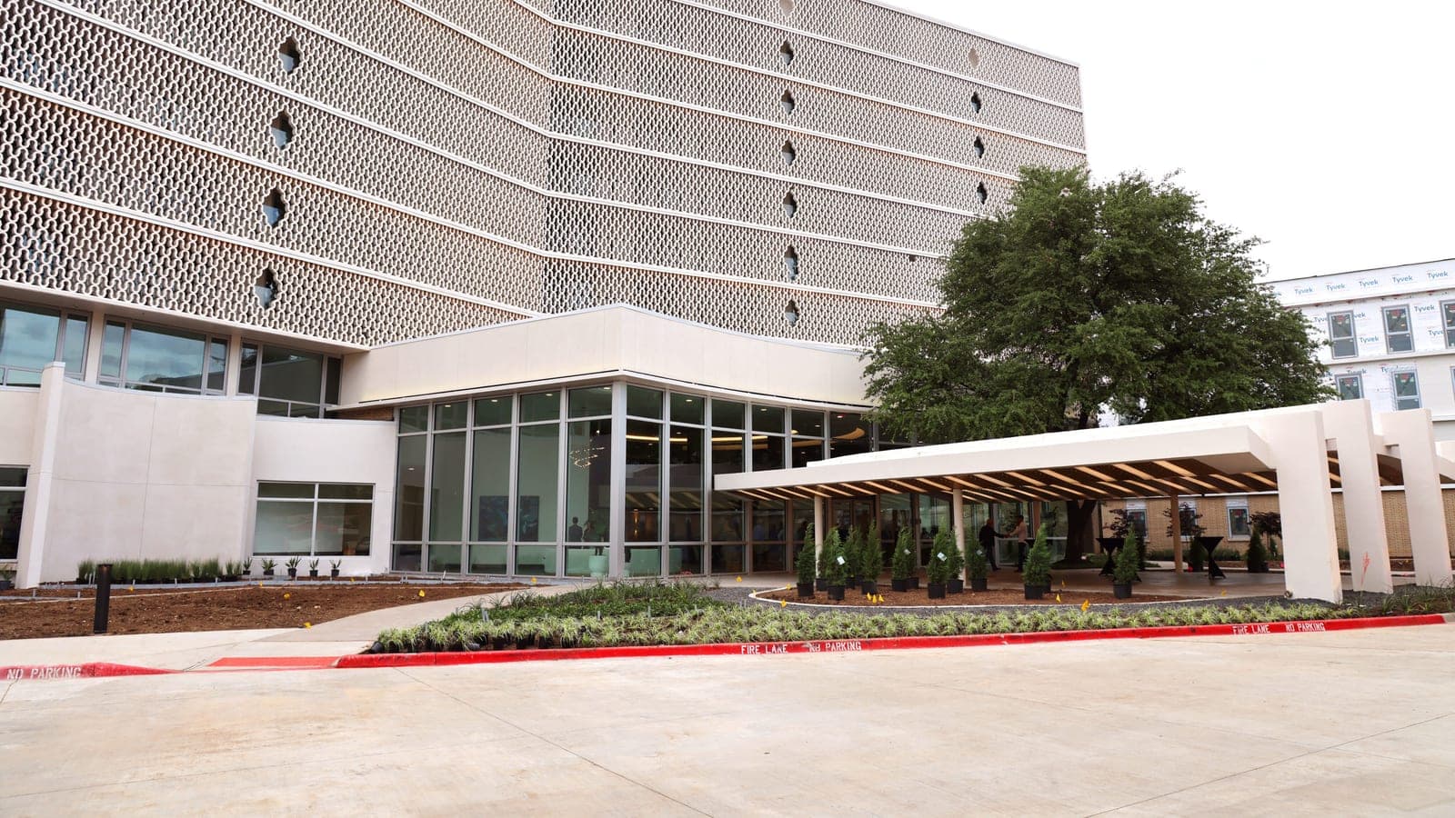 Pale tower wrapped in a patterned concrete screen above a glass lobby and a flat white entrance canopy, with a large tree and new planting in front