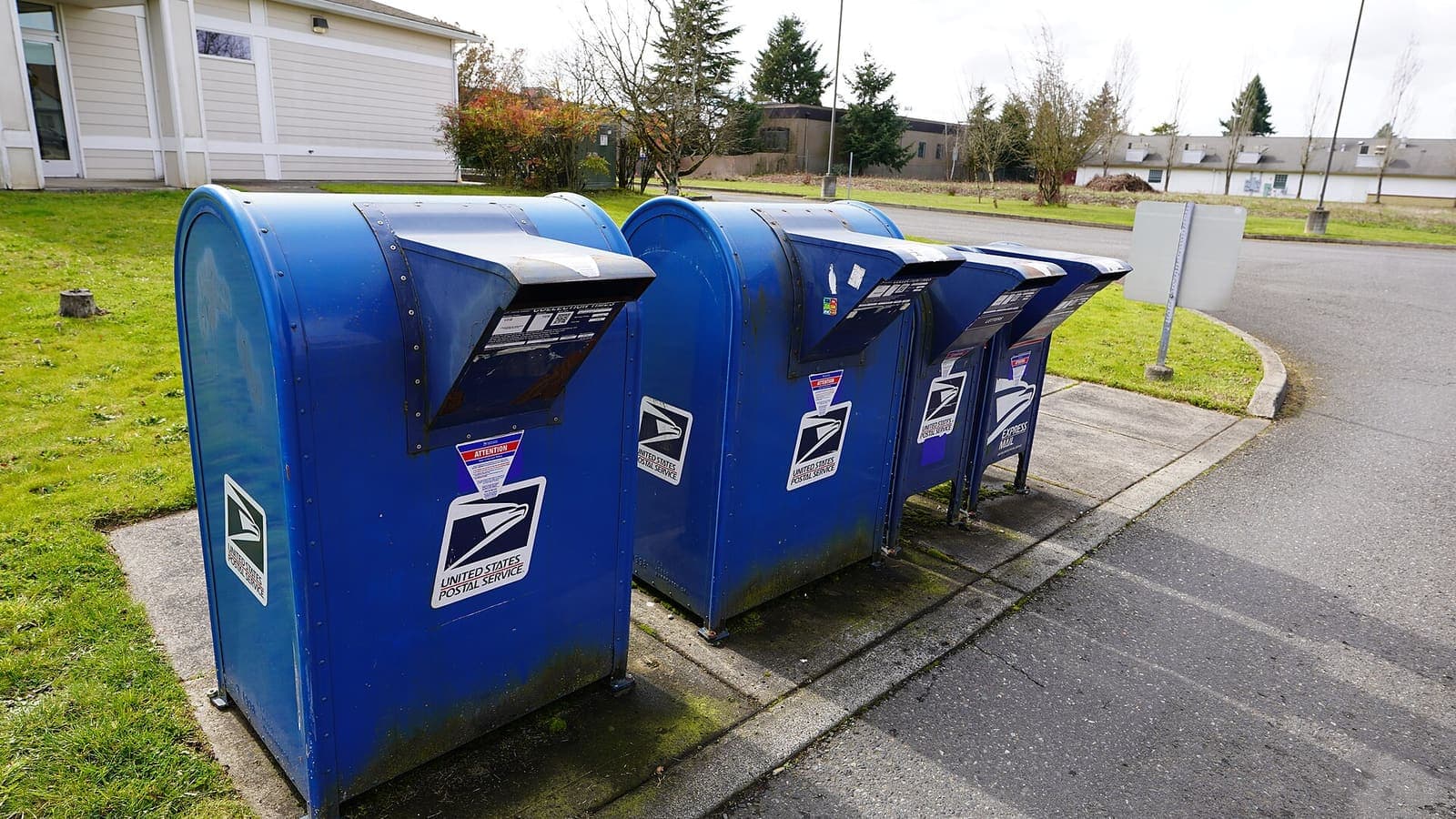 Blue USPS collection boxes outside the Orchards branch post office in Vancouver, Washington