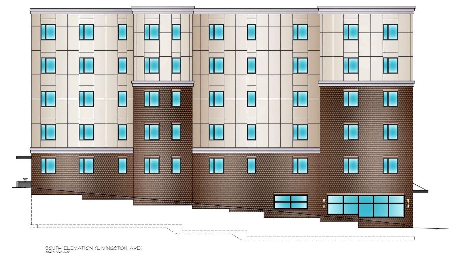 Architectural drawing of a six-story apartment building on a sloping street, with brown brick on the lower floors, cream panels above and rows of blue-tinted windows