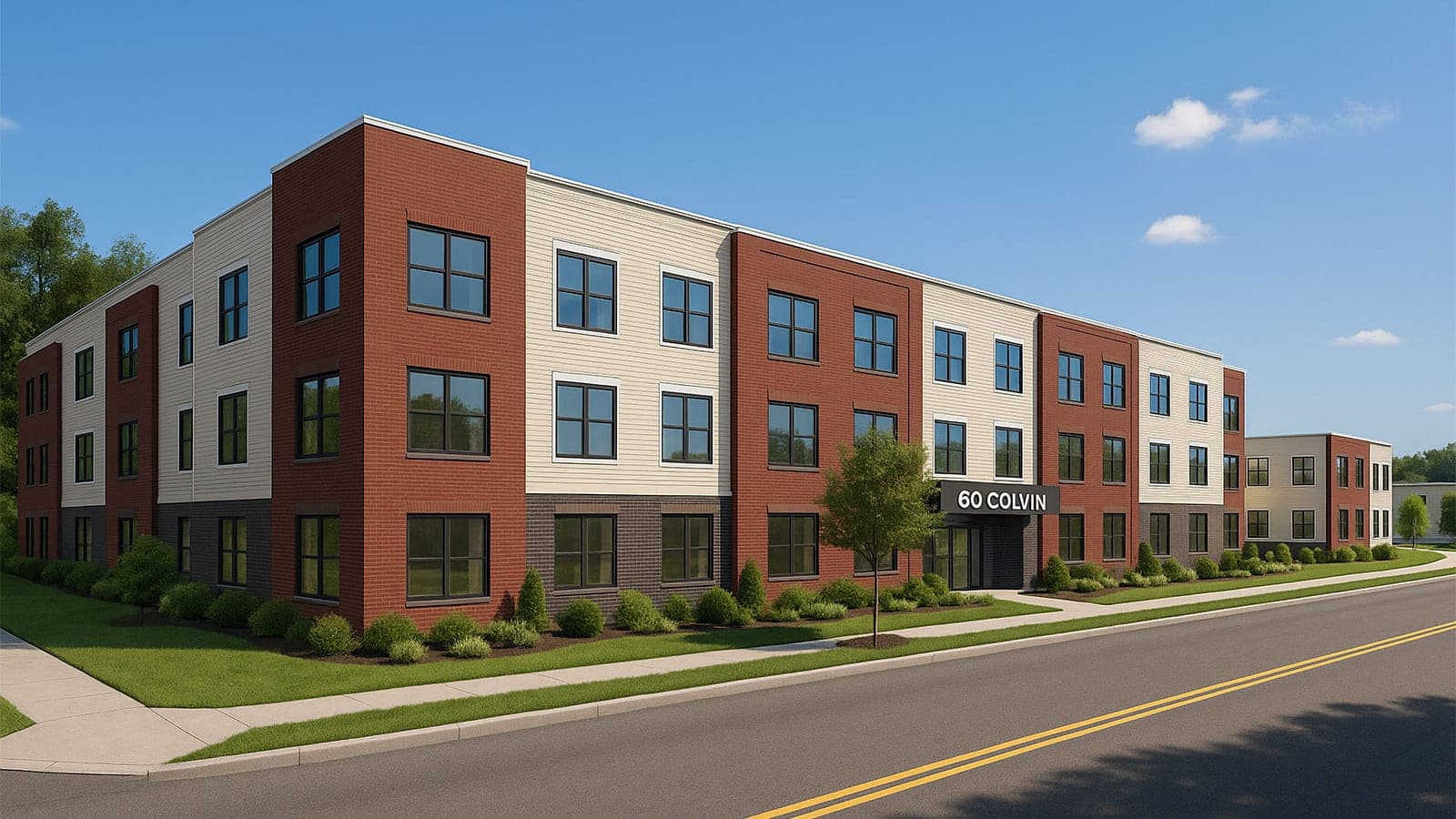 Rendering of a three-story apartment building in red brick and cream panels with a sign reading 60 Colvin over the entrance, seen from across the street