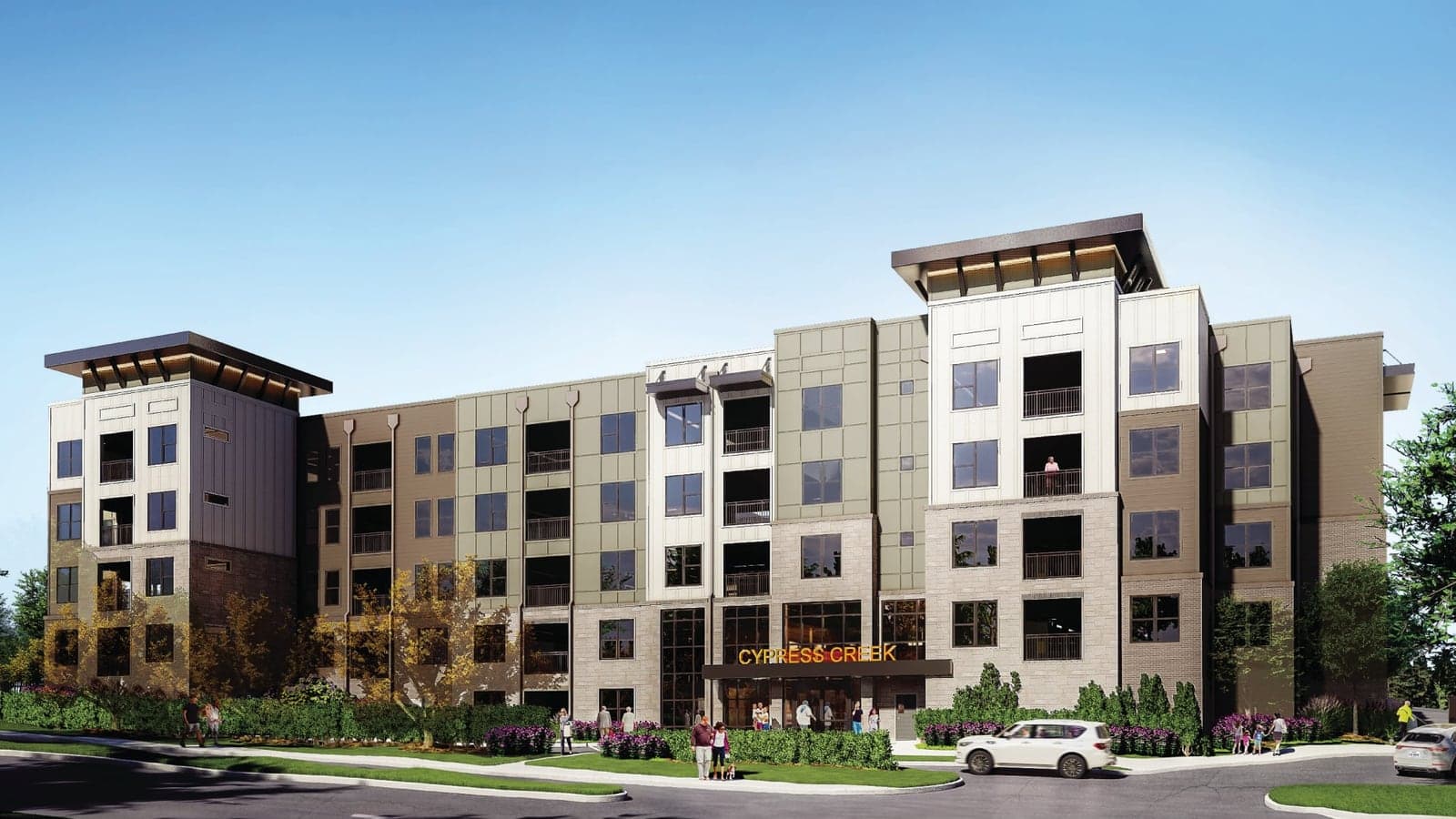 Rendering of a four-story apartment building with stone, brick and panel siding, balconies and a Cypress Creek sign over the entrance, seen from the street