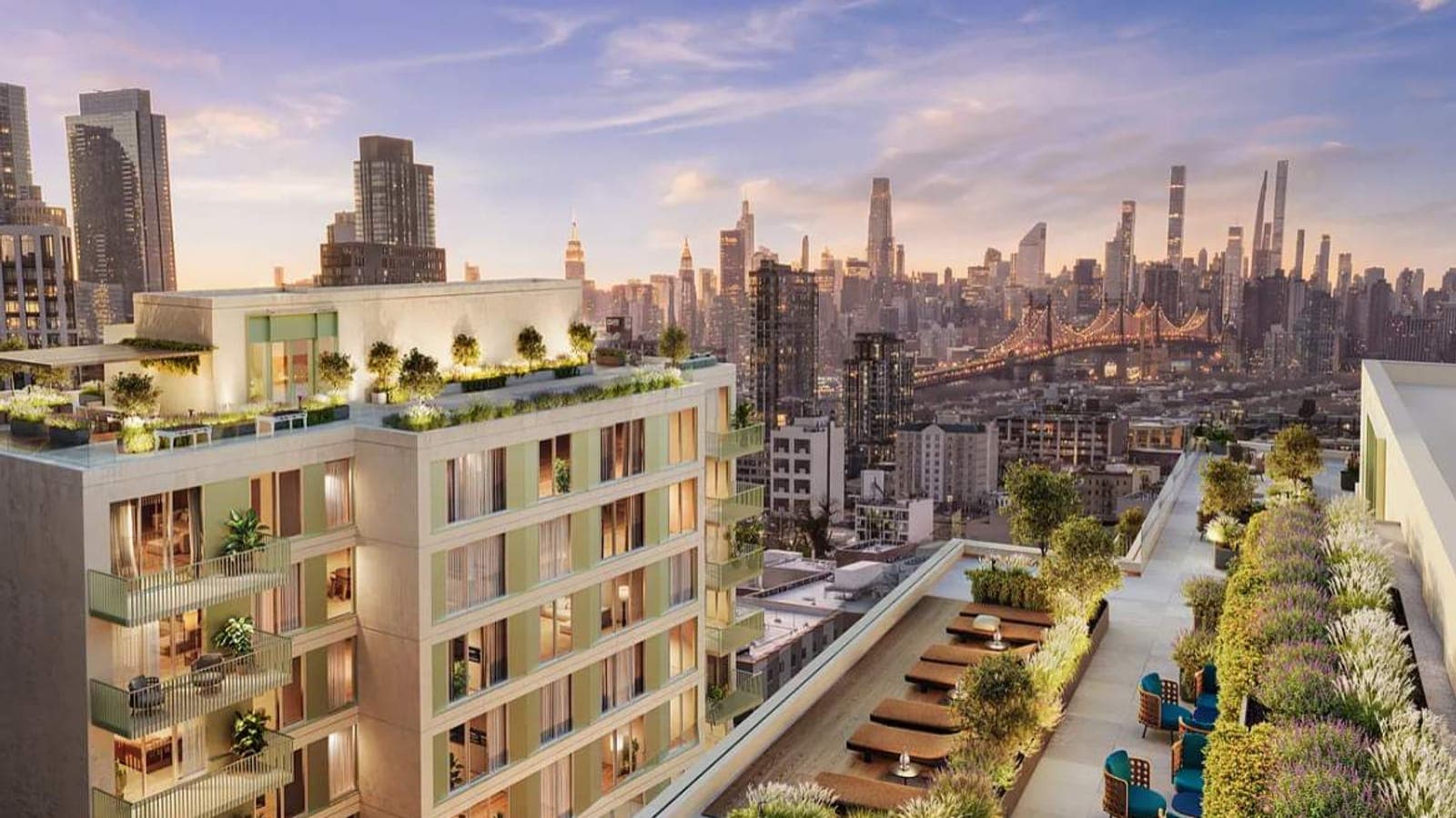 Rendering of the upper floors and planted roof terraces of an apartment building at sunset, with the Queensboro Bridge and the Manhattan skyline beyond