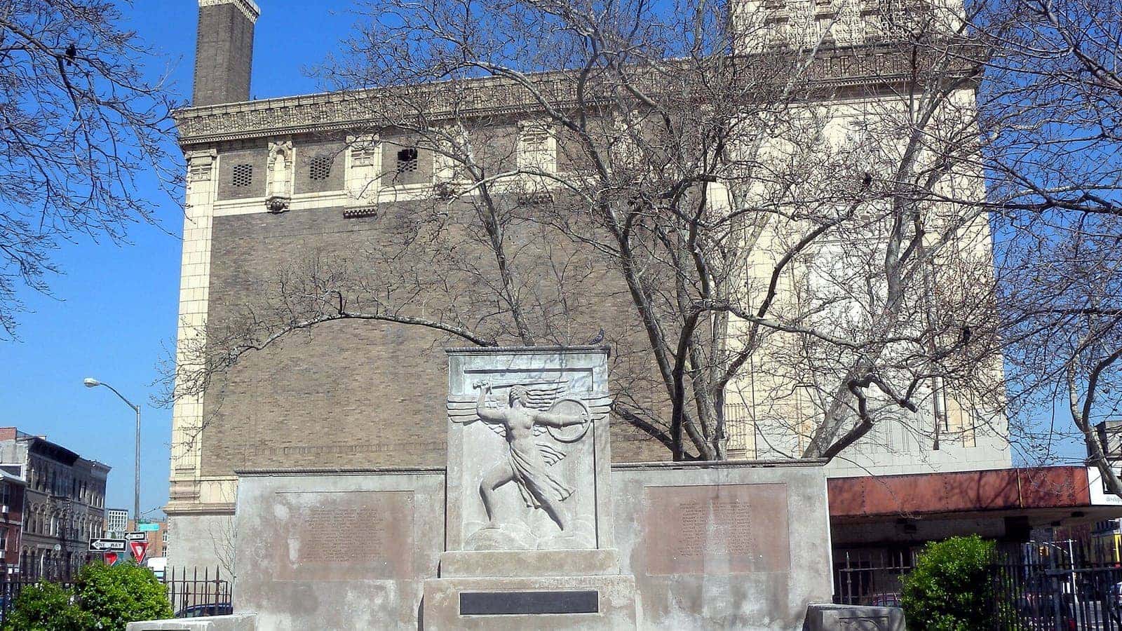 The memorial and trees in Zion Triangle Park, Brownsville, Brooklyn