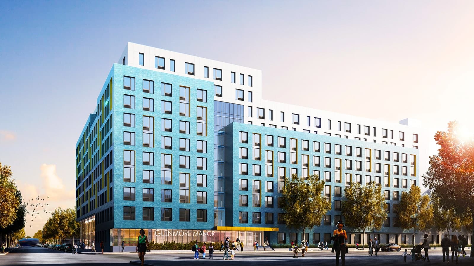 Rendering of a blue brick apartment building with white upper floors and yellow window trim, a glass ground floor lettered GLENMORE MANOR under a yellow canopy, street trees along one side and people crossing the street in front