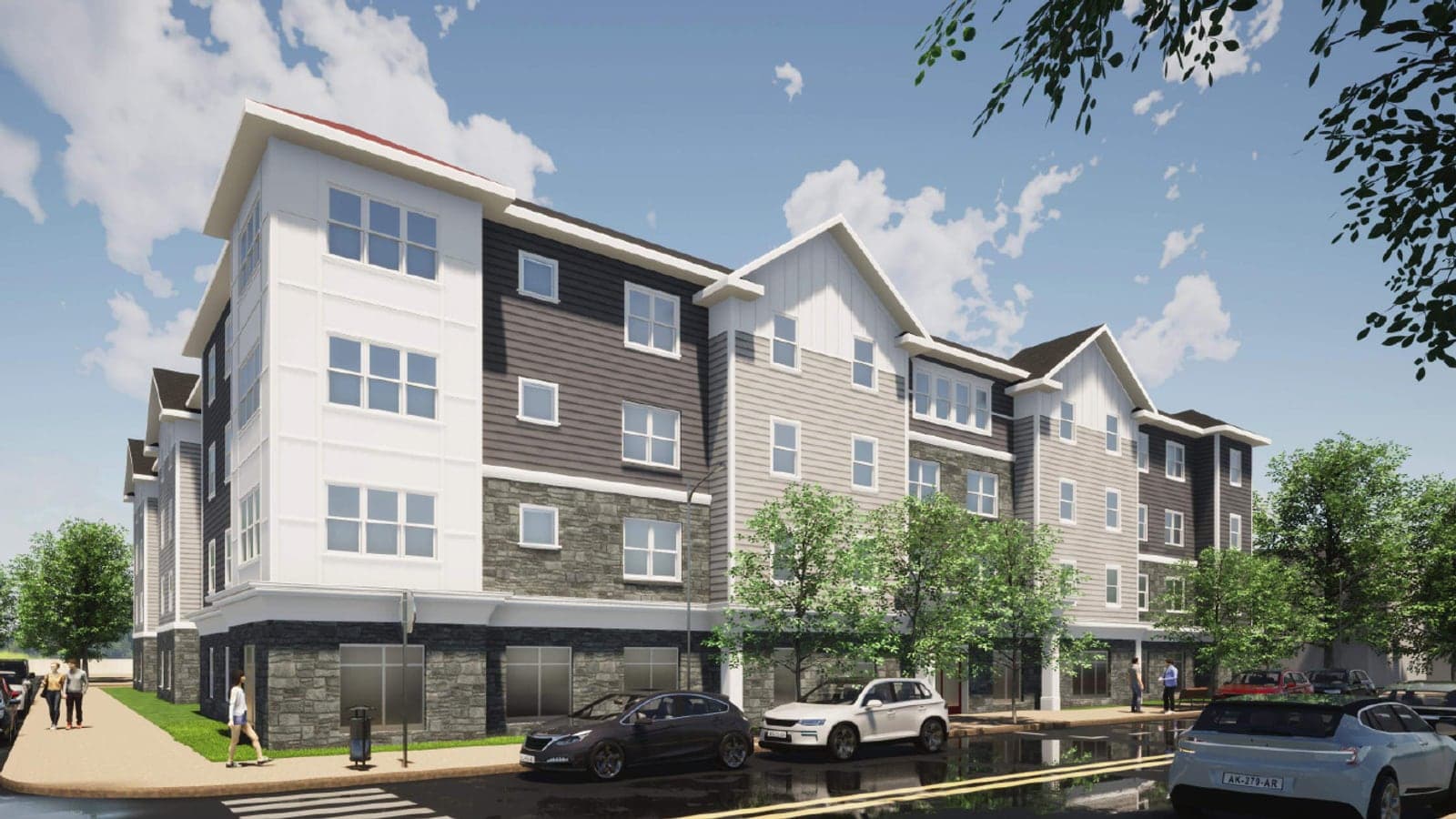 Rendering of a four-story apartment building with white and dark gray siding, peaked gables and a stone ground floor at a street corner, with cars parked along the curb