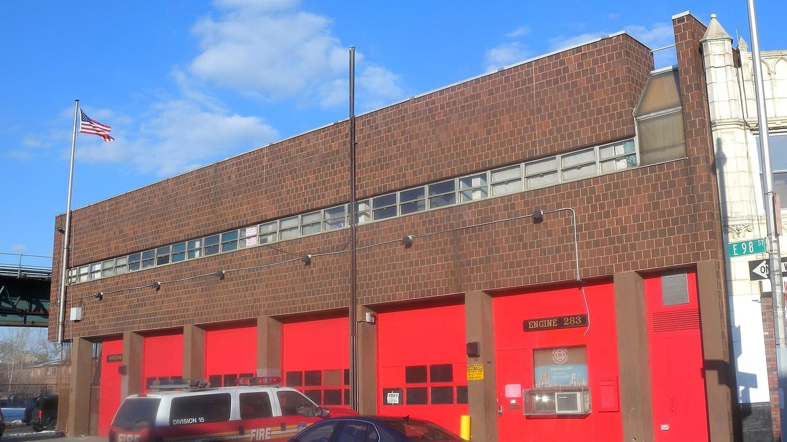A fire station beside the elevated tracks at Livonia Avenue and East 98th Street in Brooklyn