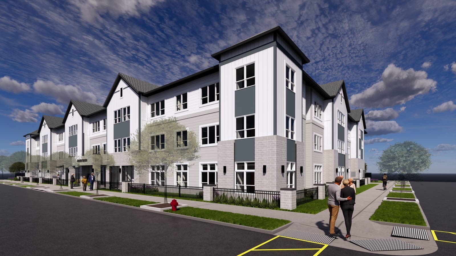 Rendering of a three-story apartment building with white siding, gray panels, a stone base and peaked gables along a street corner, with two people walking on the sidewalk