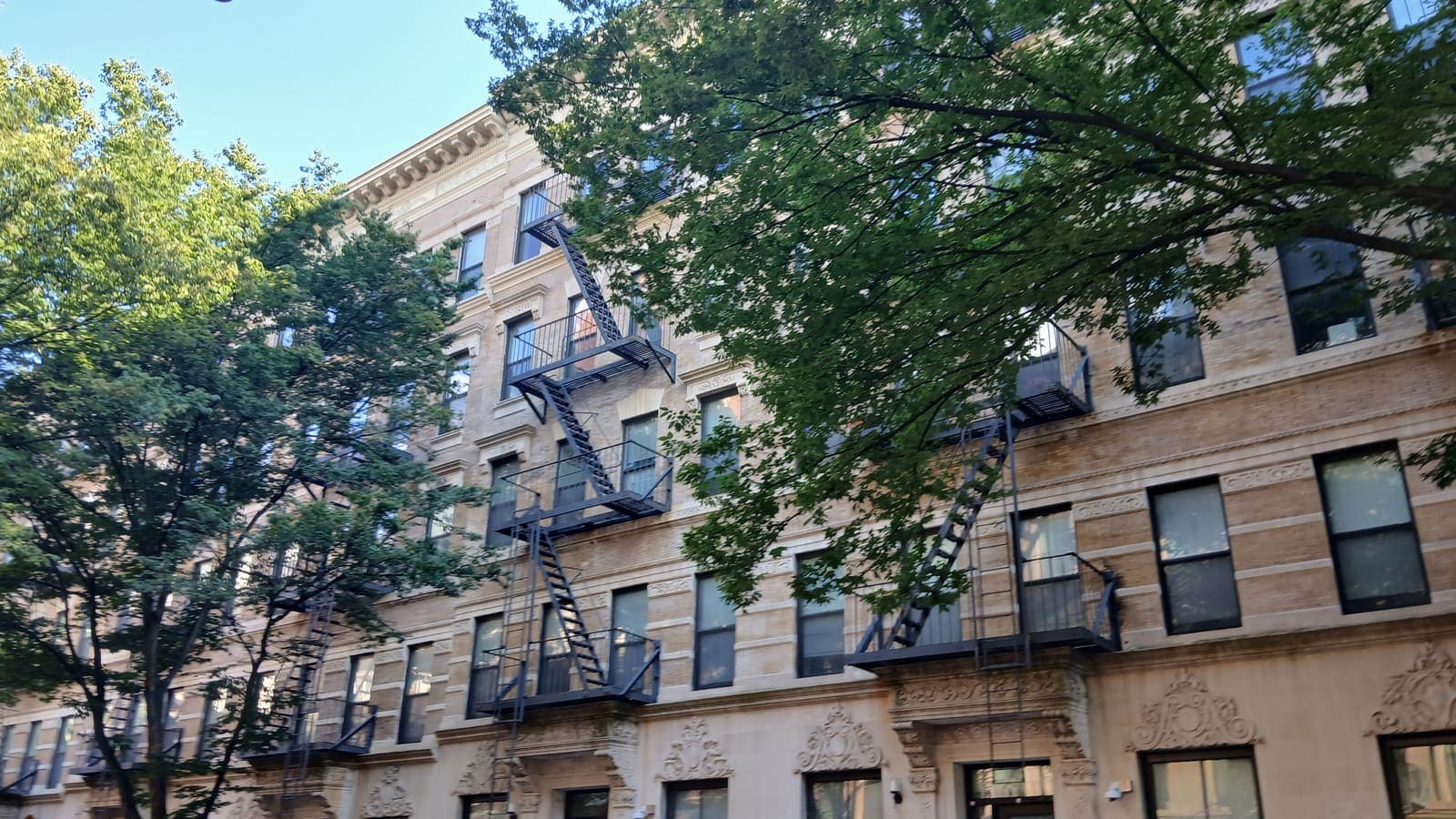 A row of five-story tan brick apartment buildings with black fire escapes and carved stone trim over the ground-floor windows, seen through street trees.