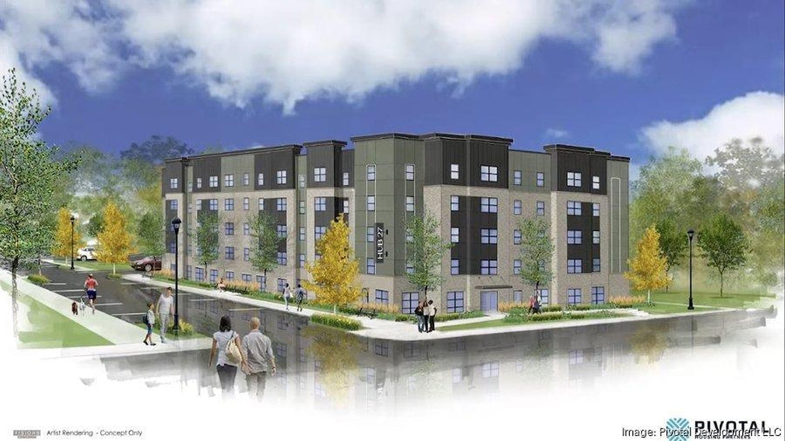 Rendering of a five-story apartment building with a brick base, green and dark gray upper floors and a vertical sign reading HUB 27, with people on the sidewalk in front