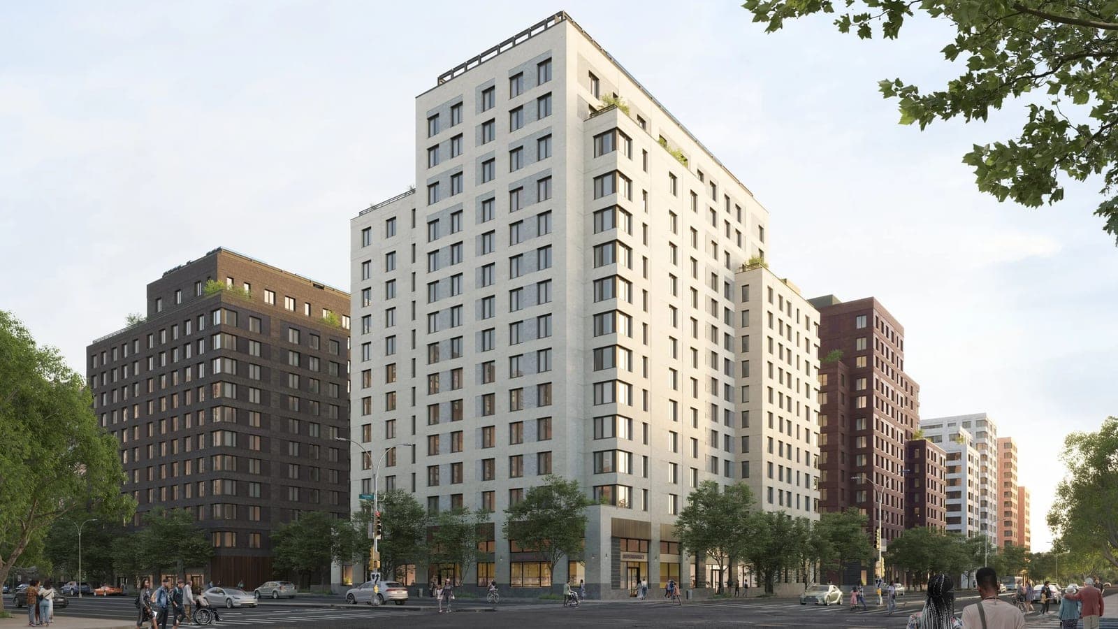 Rendering of a white fifteen-story apartment building on a street corner with shops at ground level, a darker brick building to its left and red brick buildings behind it