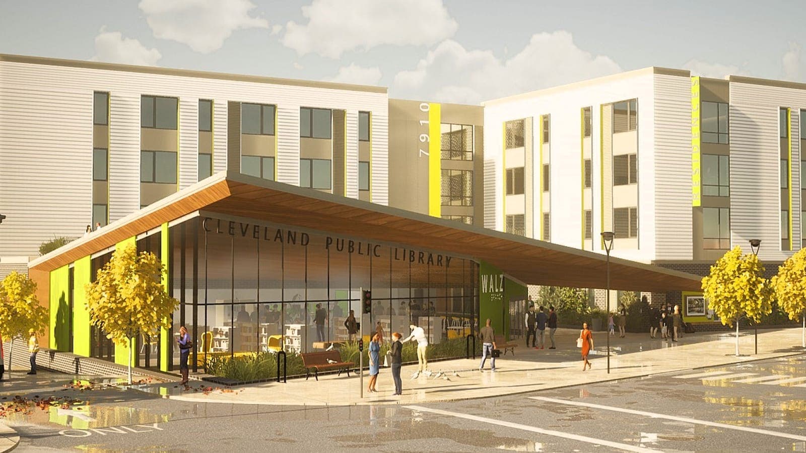 Rendering of a glass-walled library lettered Cleveland Public Library under a wide sloping roof, with white apartment floors and yellow-green accents rising behind it