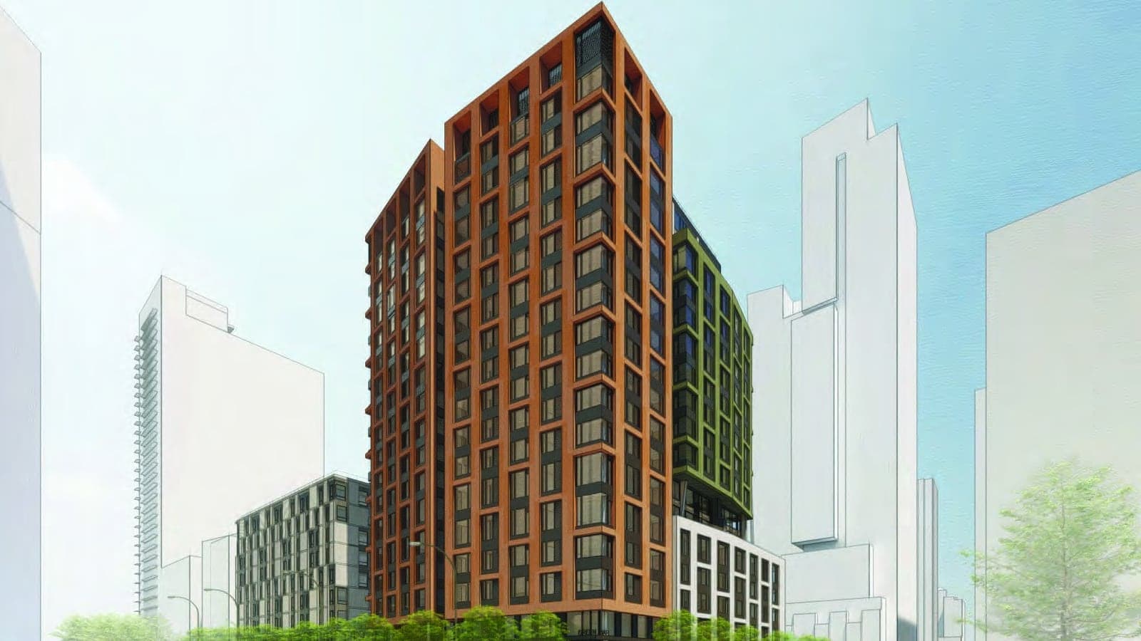 Rendering of a 17-story apartment tower with a terracotta-colored grid facade and a green wing behind it, among white outlines of neighboring towers, with street trees at its base