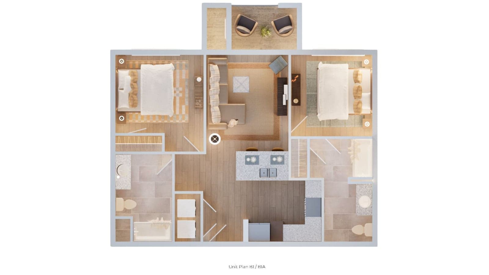 Furnished floor plan rendering seen from above: a living room and kitchen with an island in the middle, a bedroom and bathroom on each side, a laundry closet and a balcony with two chairs