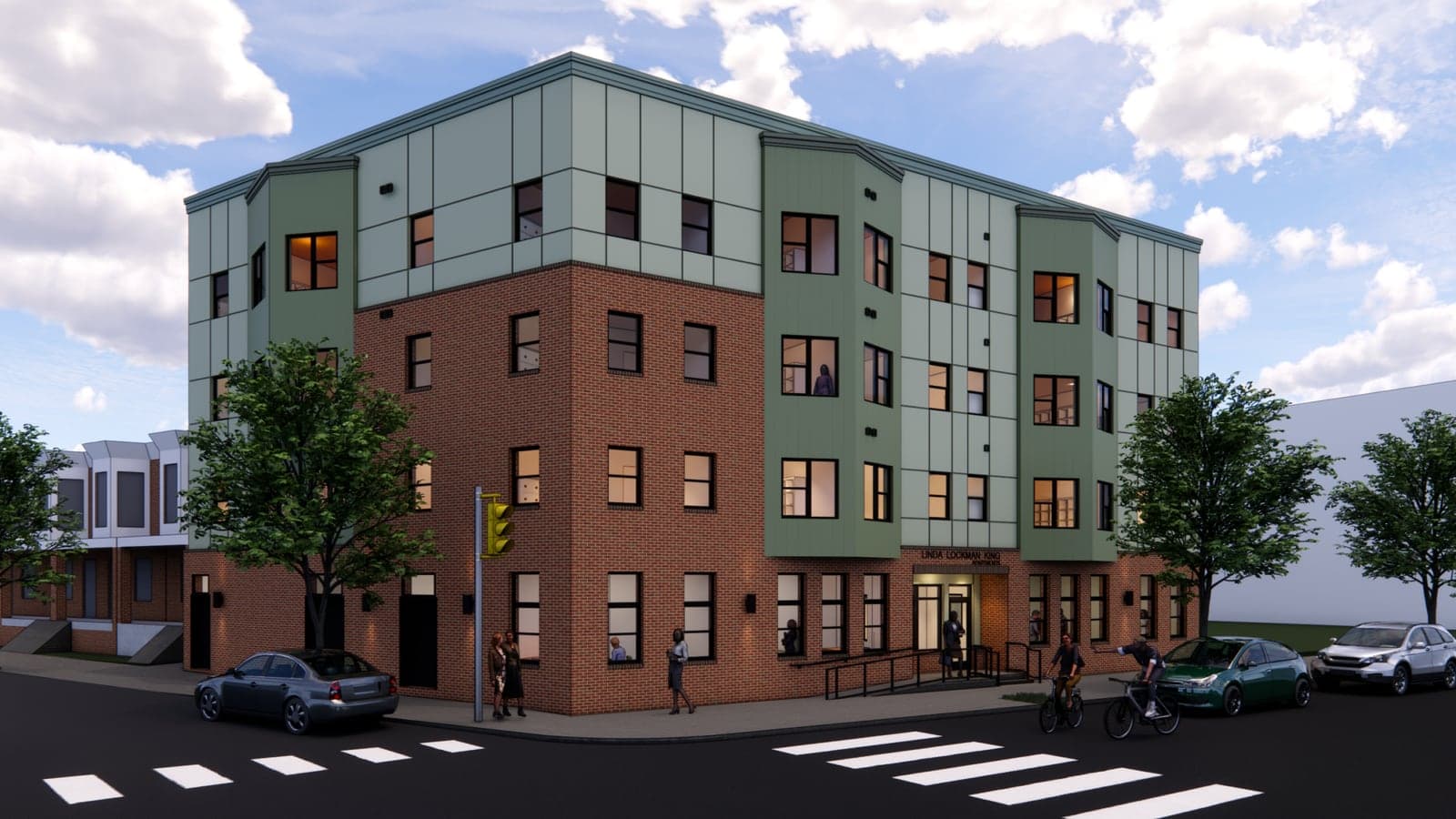 Rendering of a four-story corner apartment building with a red brick base and green panel bays, trees on the sidewalk and cars and cyclists on the street