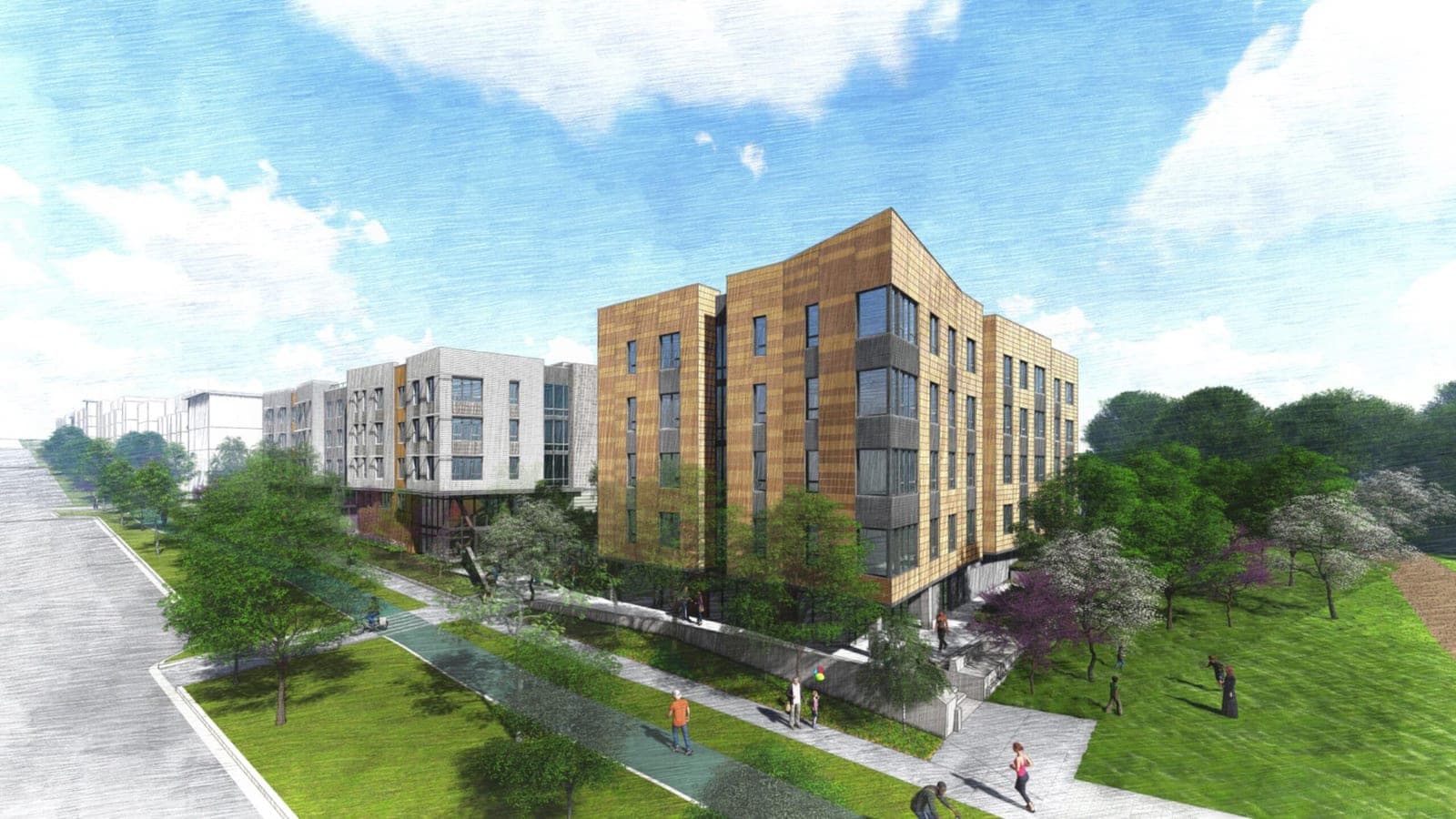 Rendering from above of a five-story apartment building with a tan wing at the corner and grey and white wings beyond it, set behind lawns, paths and street trees