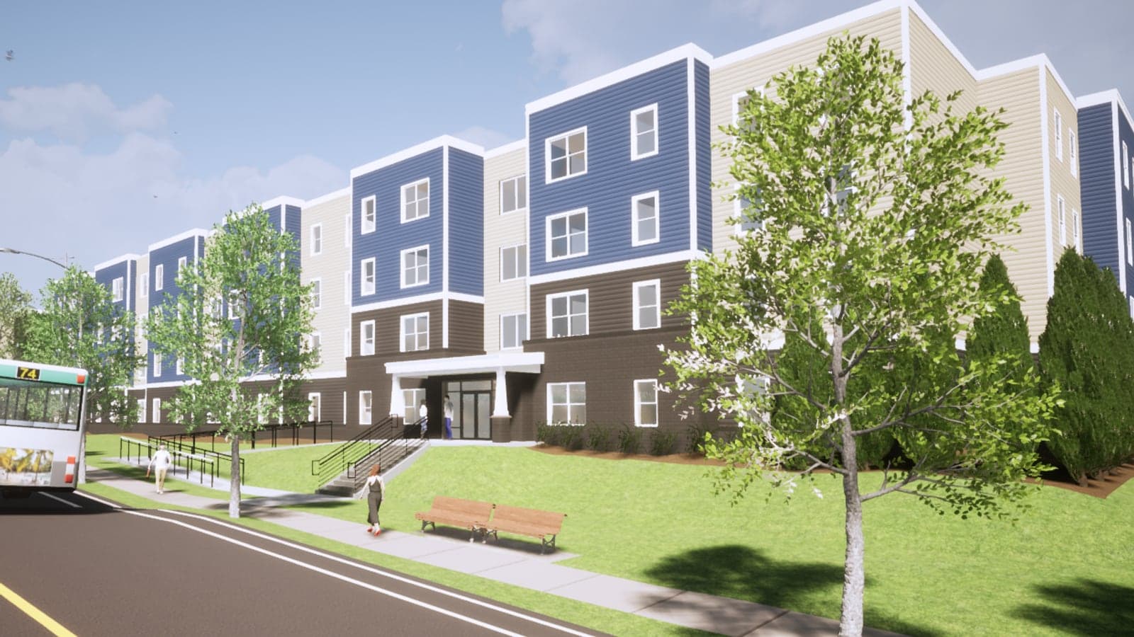 Rendering of a four-story apartment building with blue and cream siding over a dark base, an entrance canopy, a lawn with a bench and a bus on the street