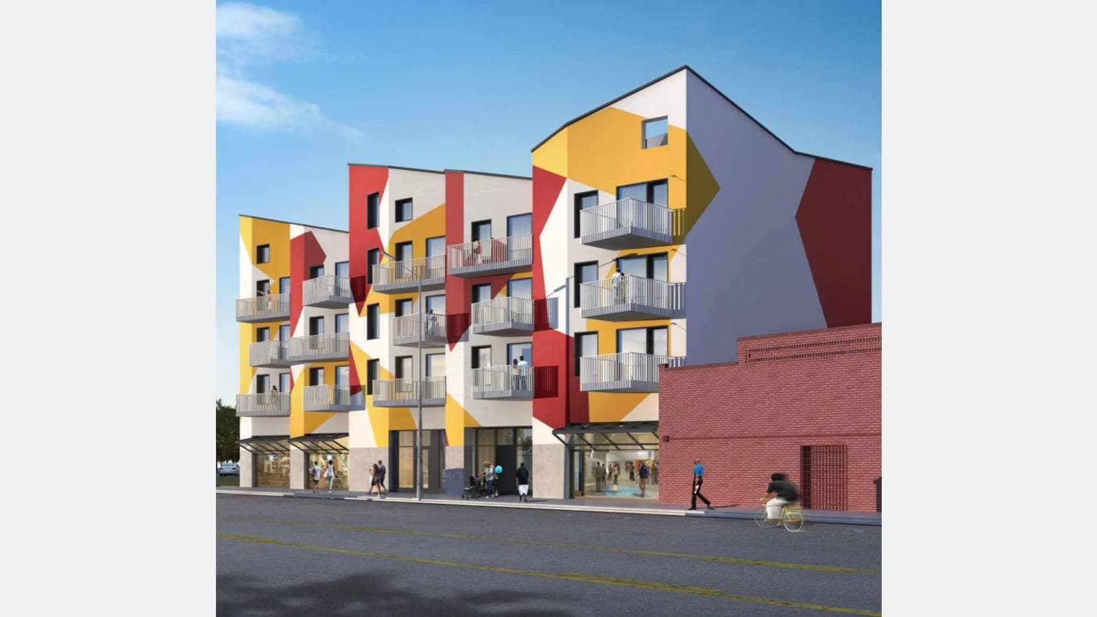 Rendering of an apartment building with a front painted in red, yellow and white angular shapes, balconies on four floors above glass shopfronts, a sawtooth roofline and a low brick building beside it