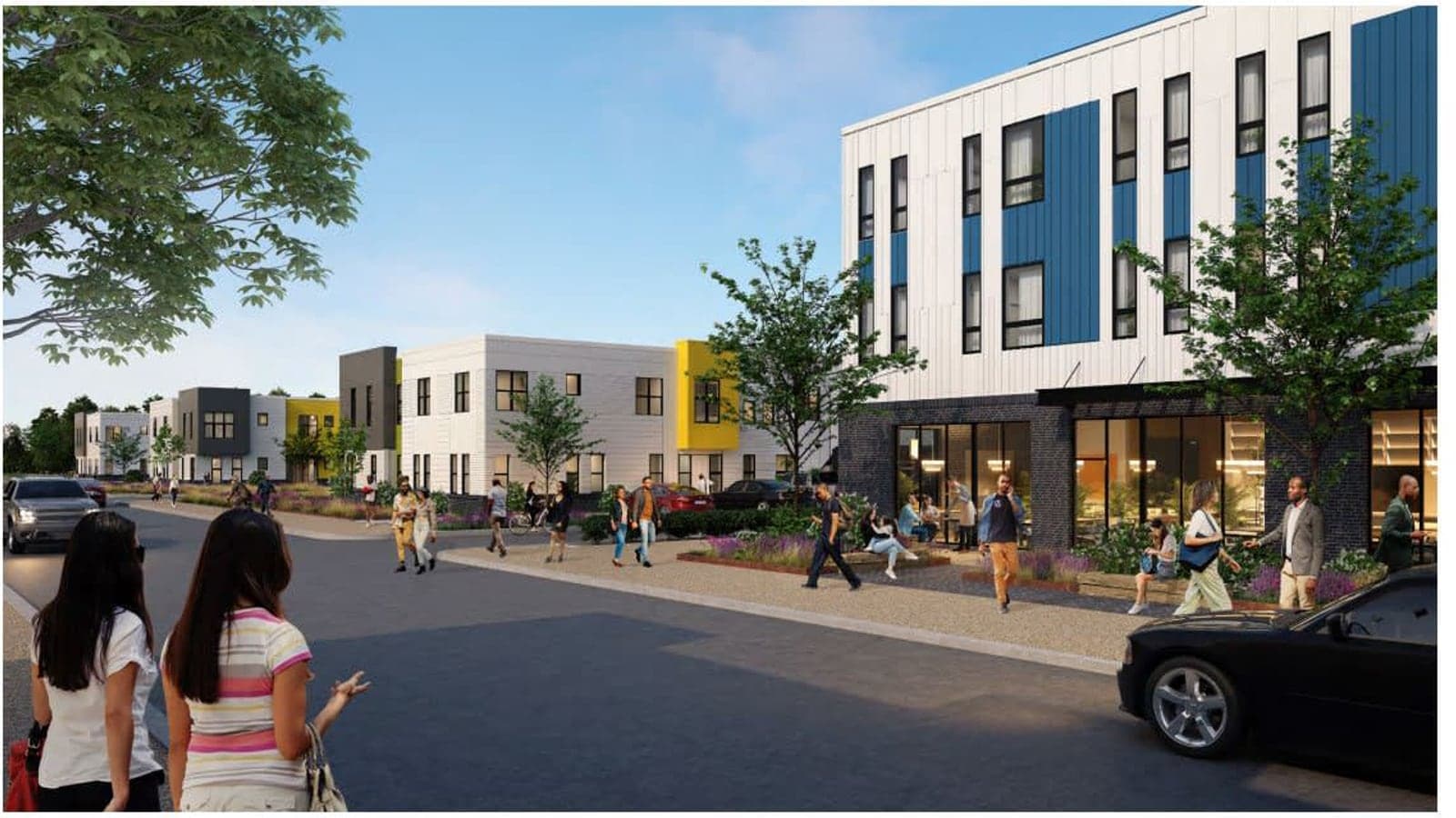 Rendering of a four-story white and blue apartment building with glass shopfronts on the ground floor and a row of two-story white, gray and yellow buildings along the street beyond it