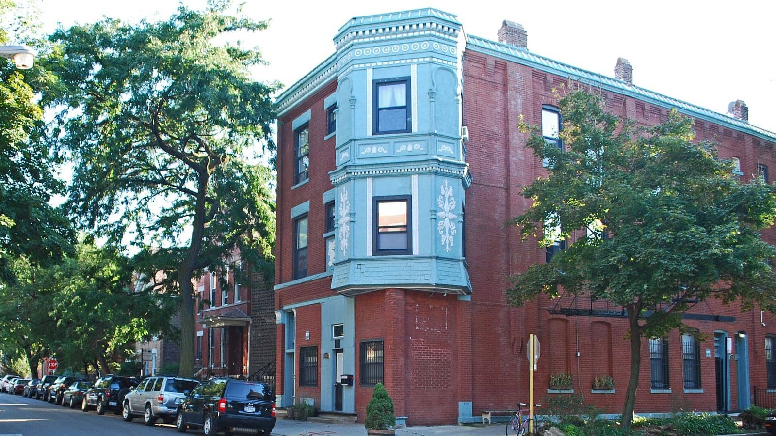 Brick houses along Wood Street in East Village, Chicago