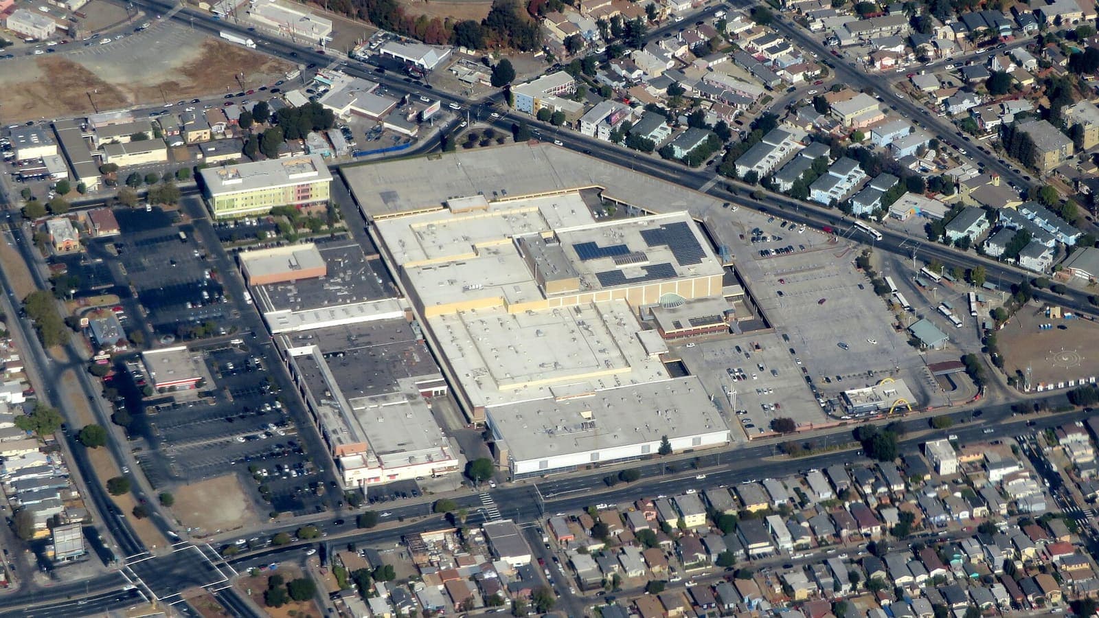 Eastmont Town Center and surrounding homes seen from above in Oakland, California