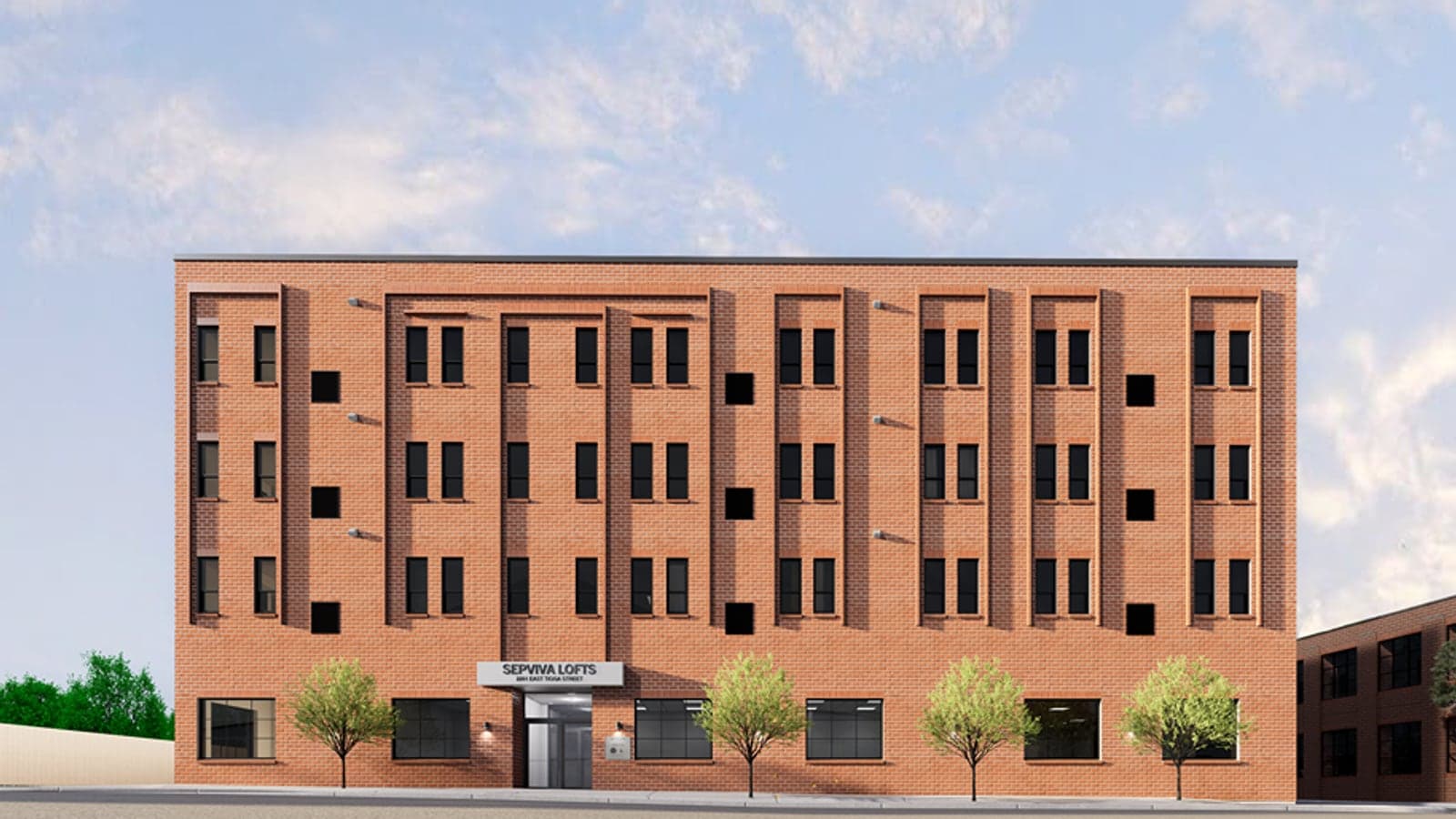 Rendering of the front of a four-story red brick building with tall paired windows, a sign reading Sepviva Lofts over the entrance and young trees along the sidewalk