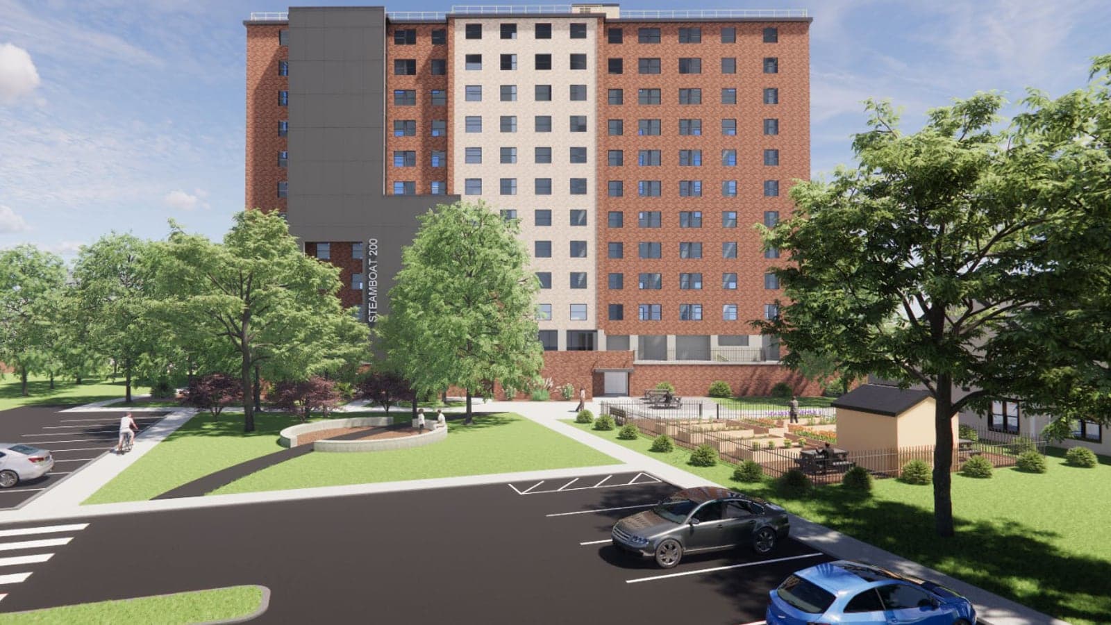 Rendering of a brick high-rise apartment tower with a dark vertical panel, a landscaped courtyard with benches and a parking lot in front