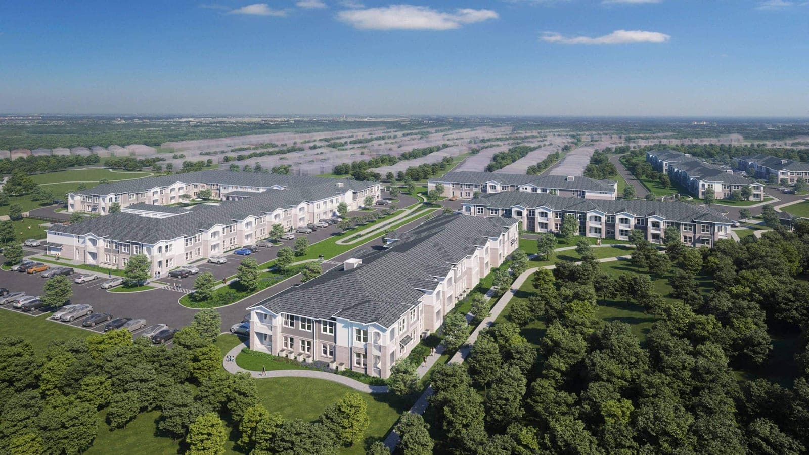 Aerial rendering of several two-story apartment buildings with grey roofs and pale walls around parking areas and lawns, with a walking path and trees in the foreground