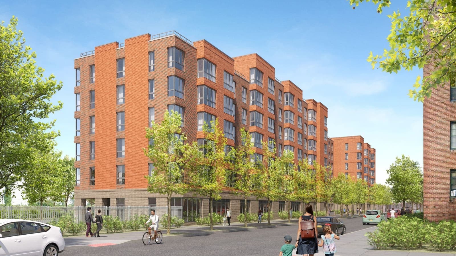 Rendering of a seven-story orange-red brick apartment building with bay windows along a tree-lined street, with a cyclist, pedestrians and a woman crossing with two children in the foreground