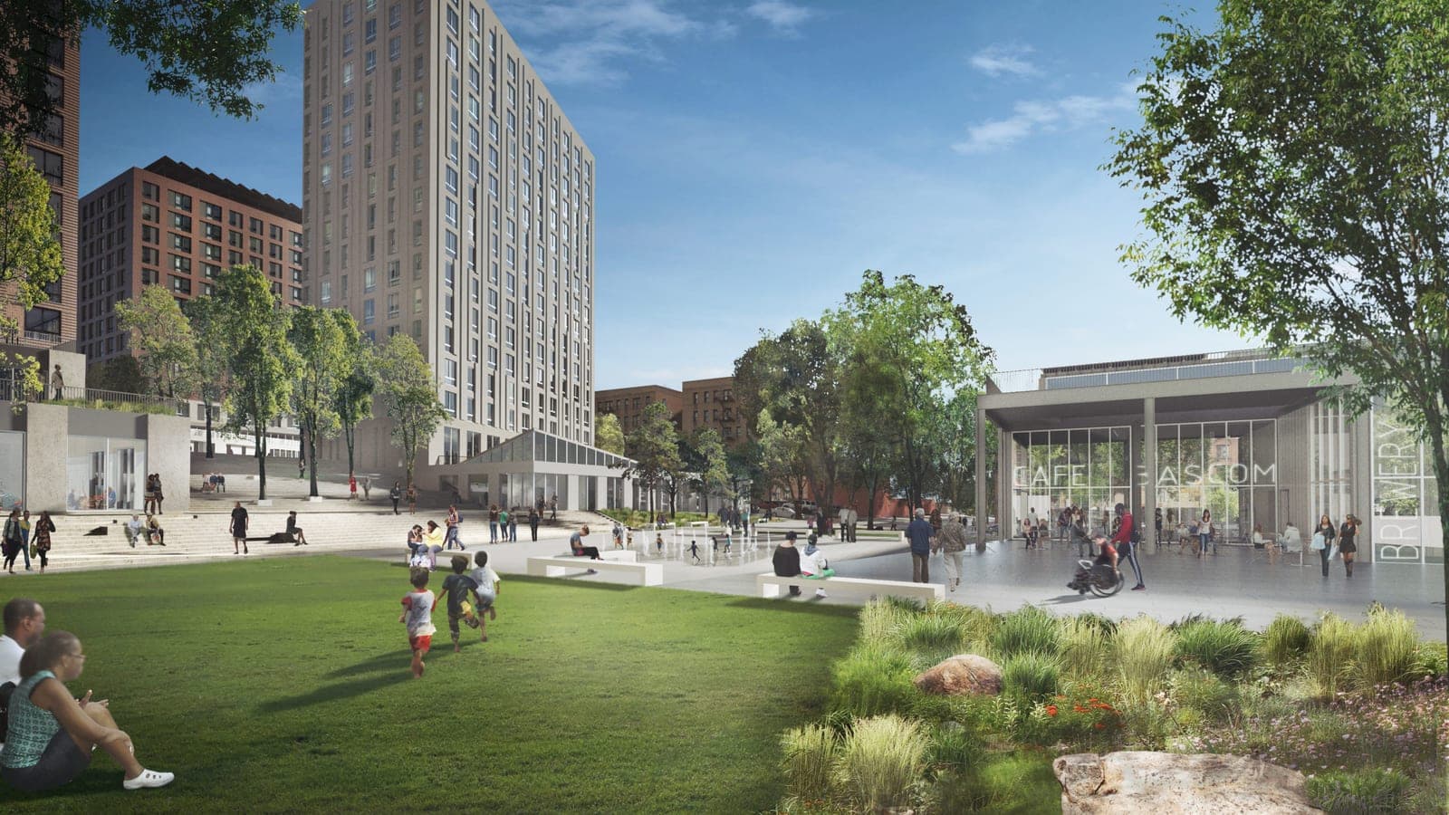 Rendering of a public plaza with a lawn, children running, people on benches and steps, a tall light-colored apartment tower and a darker brick building behind it, and a glass pavilion with cafe and brewery signs on the right
