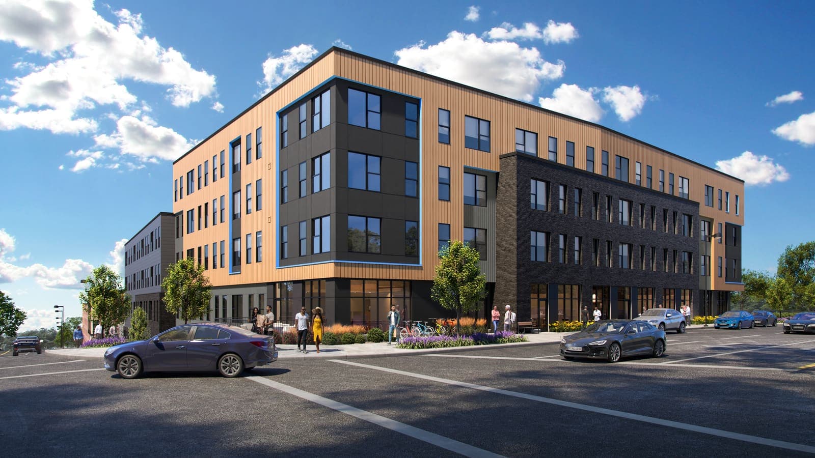 Rendering of a four-story apartment building with tan and dark gray siding on a street corner, with large windows at ground level, parked cars and people on the sidewalk