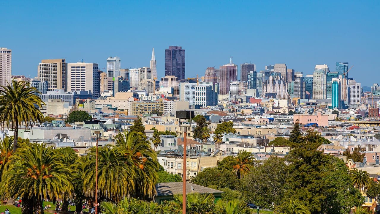 Downtown San Francisco's skyline rises beyond blocks of low houses and the palm trees of Dolores Park under a clear blue sky