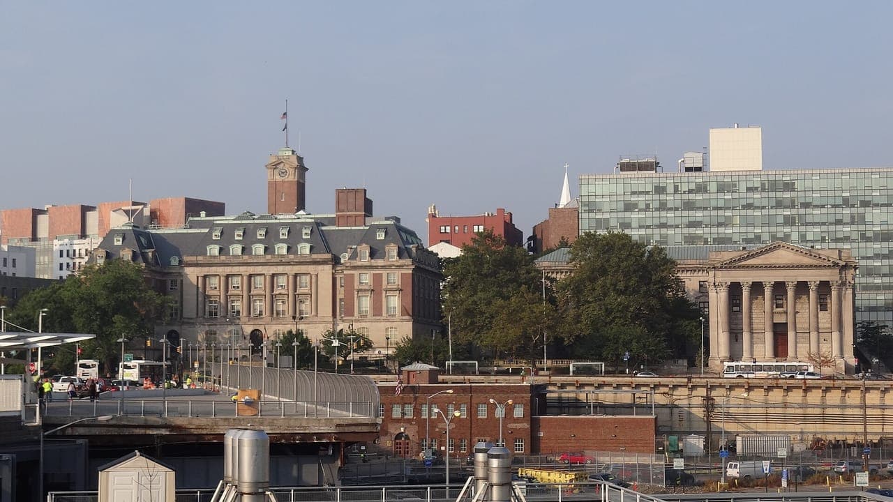 Staten Island Borough Hall, with its brick clock tower, and the columned Richmond County Courthouse on the hill above the St. George ferry terminal