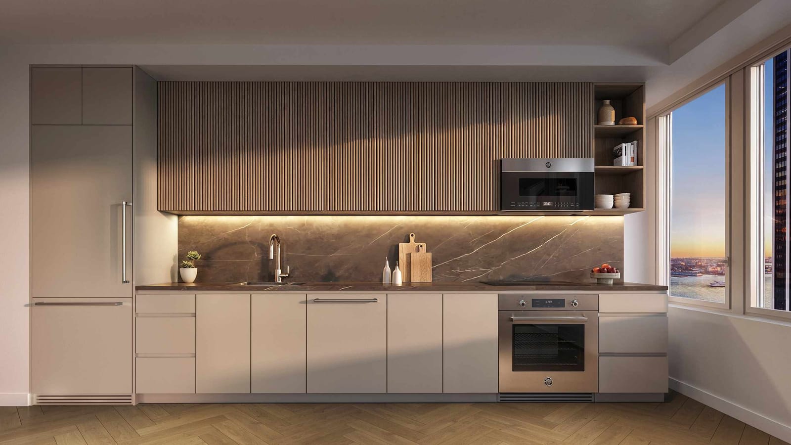 Rendering of a kitchen with pale flat-front cabinets, a ribbed wood upper cabinet, a dark stone backsplash and a built-in oven beside a window