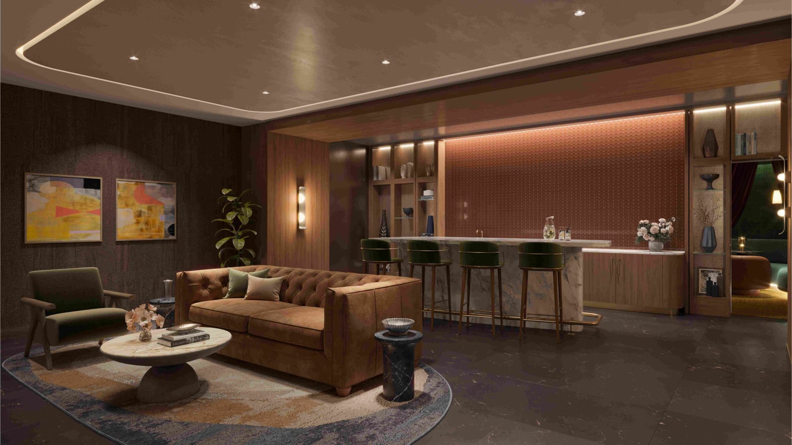 Rendering of a wood-panelled lounge with a leather sofa, a round coffee table and a bar with stools