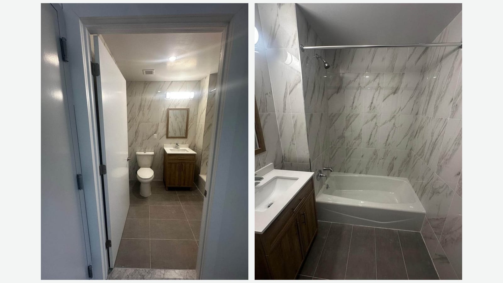 Two photographs side by side of a bathroom with marble-look wall tile and dark floor tile: at left seen through the open door, with a toilet, a wood vanity, a framed mirror and a light bar; at right the tub with a shower head and curtain rod beside the vanity