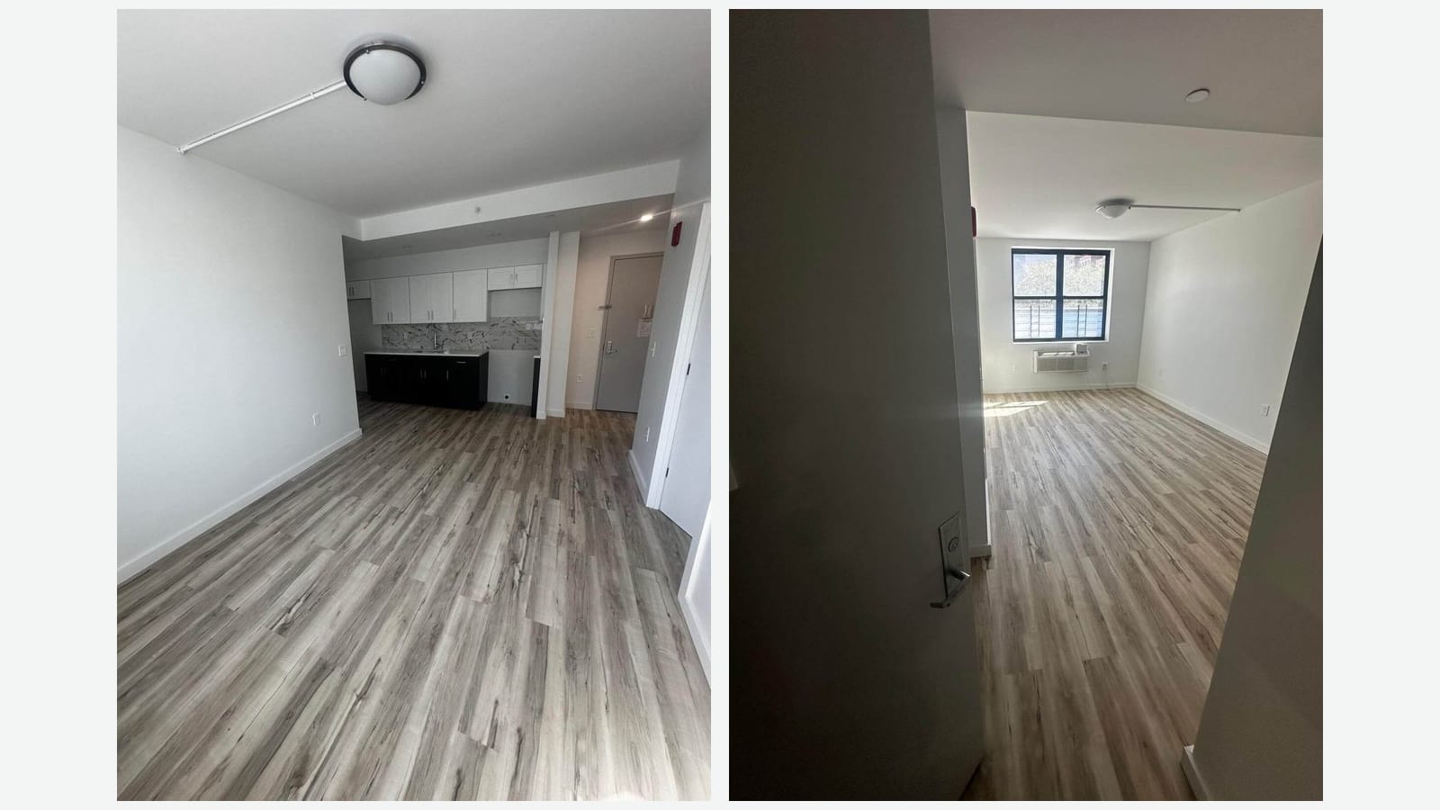 Two photographs side by side of empty rooms with wood-look floors and white walls: at left a small bedroom with a sunny window over a wall heating and cooling unit, mid-rise buildings outside; at right a longer room seen from the doorway, with a window, a wall unit beneath it and a ceiling light