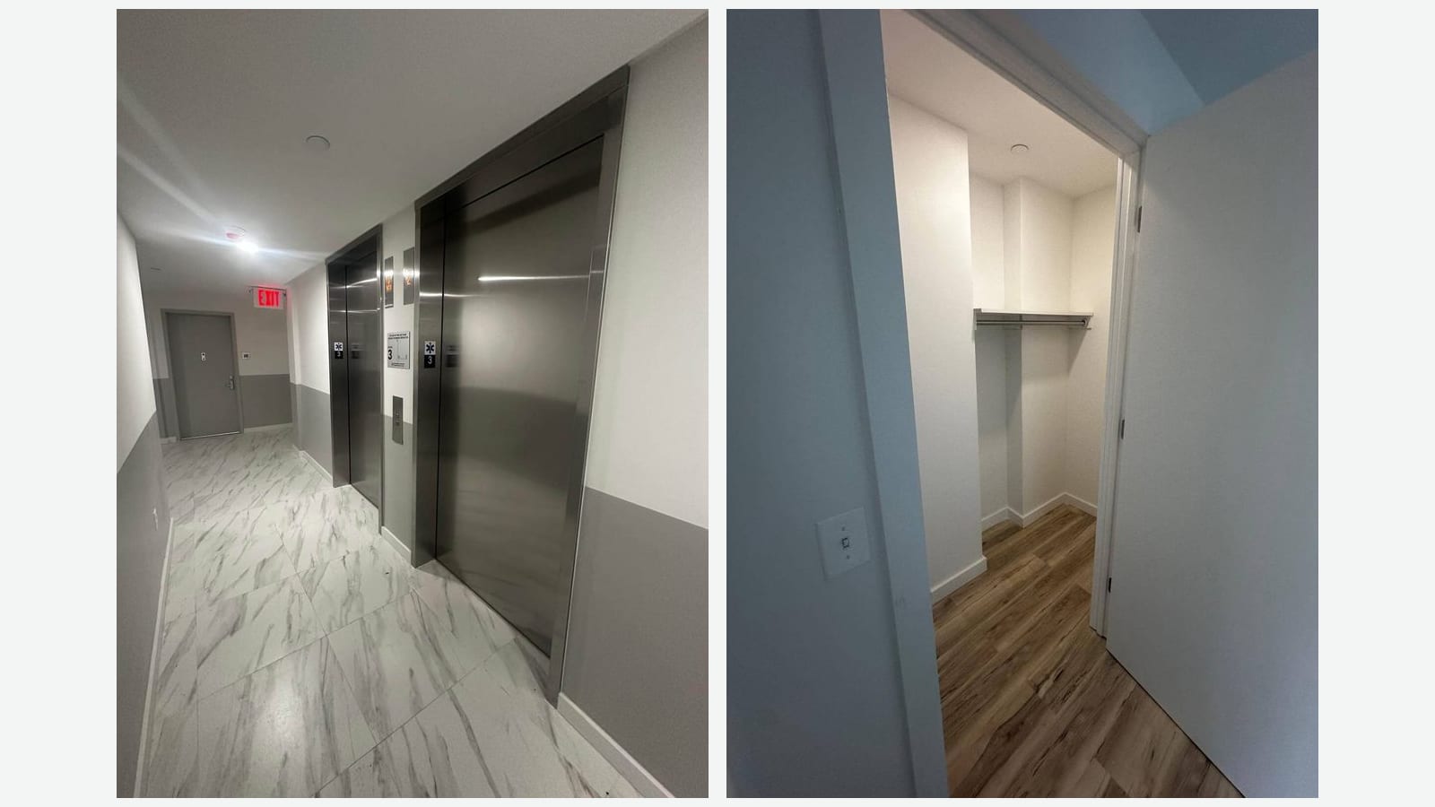 Two photographs side by side: at left a third-floor hallway with marble-look floor tile, two stainless-steel elevator doors, a lit exit sign and an apartment door marked 3E; at right an empty walk-in closet with a shelf and hanging rod, seen through an open door