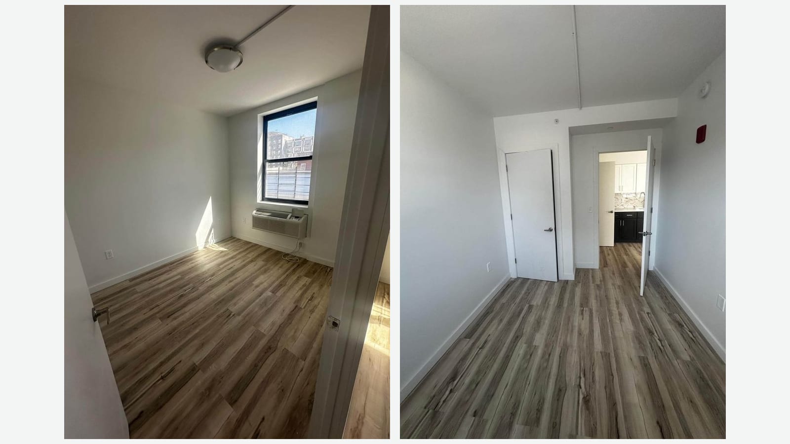 Two photographs side by side: at left an empty living room with gray wood-look floors and a ceiling light, opening onto a kitchen with white upper cabinets, dark lower cabinets, a marble-look backsplash and a sink, with the apartment door at the far right; at right an empty bedroom with the same floors, a closet door and an open door looking into the kitchen